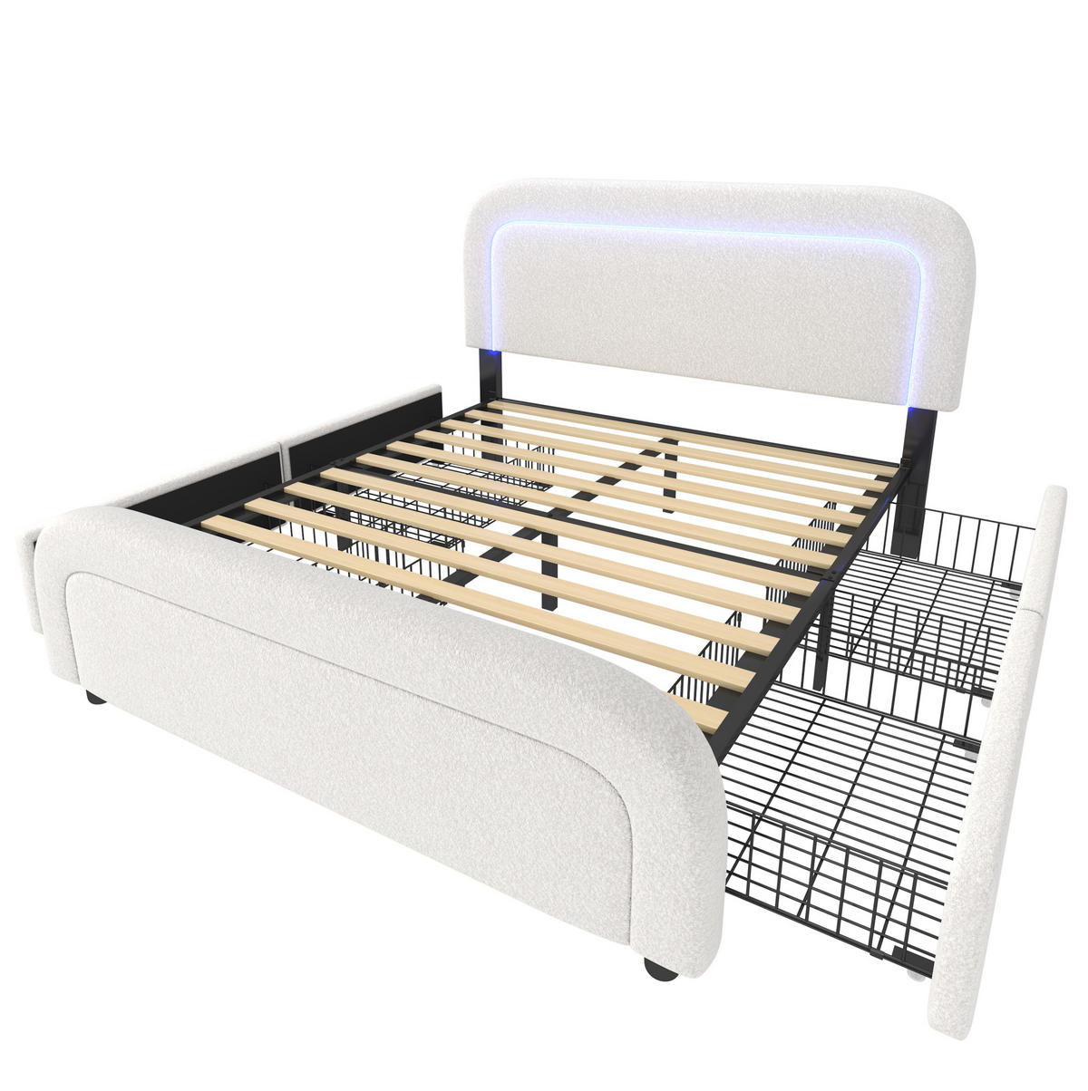 BETT mit LED, USB und 4 Schubladen 160x200 cm Sherpa Weiß - Weiß, Metall (160/200cm) - Meubliv