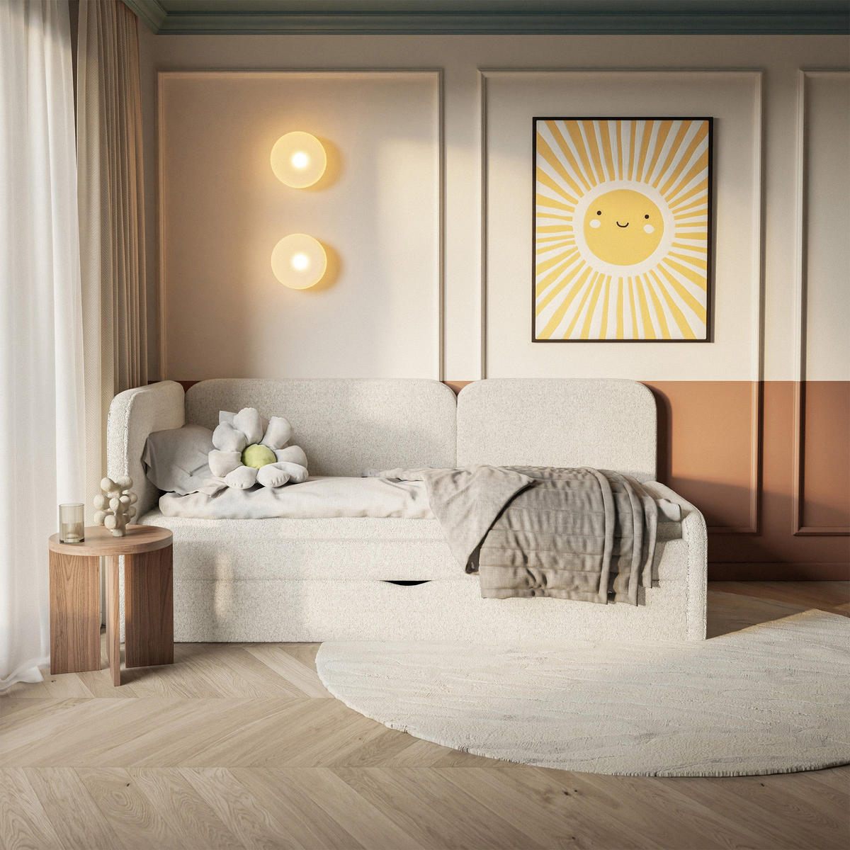 ČALOUNĚNÁ postel Cuddy, čelo vlevo, plyšová látka světle béžová, 90x200 cm - černá/ecru, textil/plast (90/200cm) - Selsey