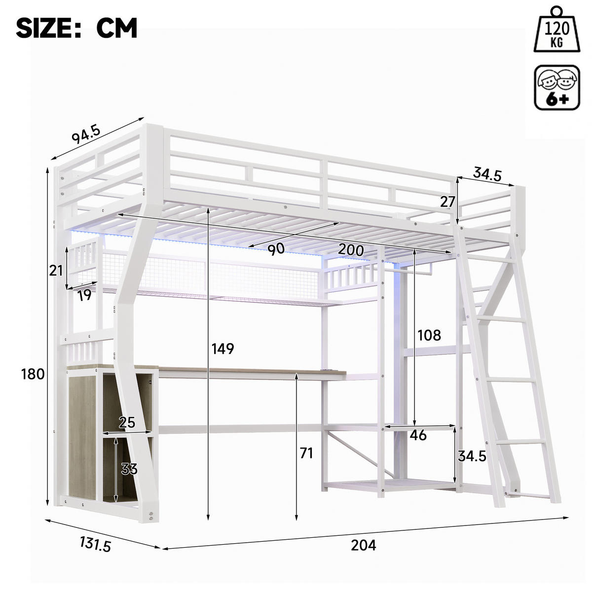 HOCHBETT 90/200 cm Weiß mit Lichtleiste und Steckdose - Weiß, Metall (90/200cm) - MIVRAY