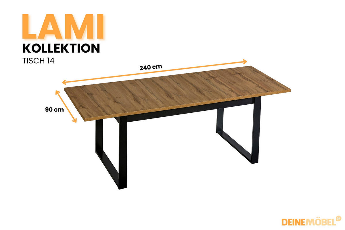 ESSTISCH LAMI 14 160-240/90/77 cm in Wotan Eiche / Schwarz Matt - Eiche Wotan/Schwarz, Holzwerkstoff (90/240/77cm) - Deine Möbel 24