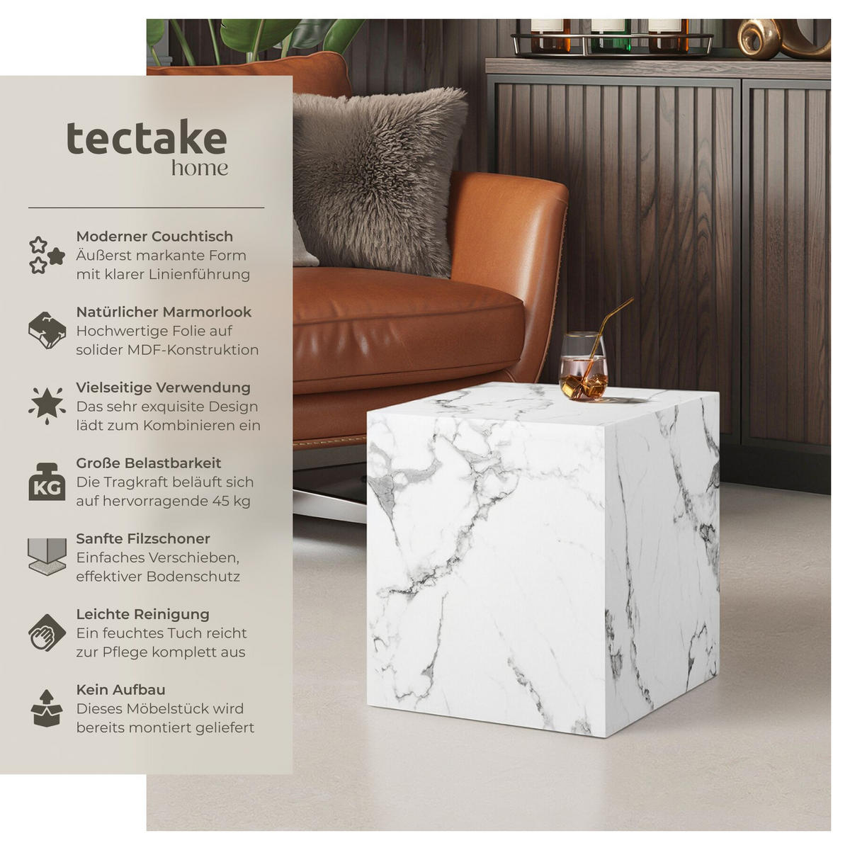 COUCHTISCH Lasley, inkl. Bodenschoner, Belastbarkeit 45 kg, Marmor Optik weiß - Weiß, Holz (45/45/50cm) - tectake