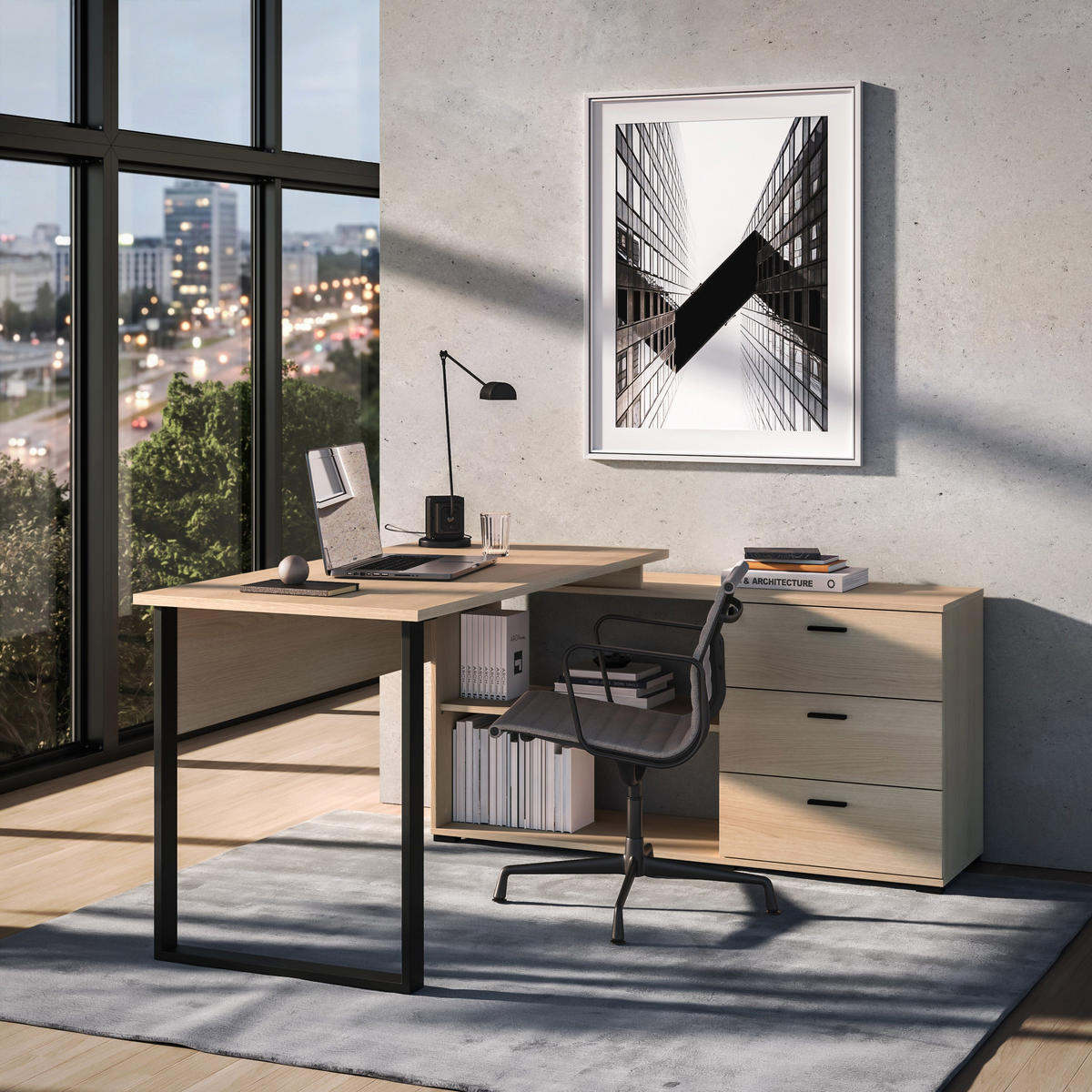 ROHOVÝ psací stůl Odelis, dub, 167 cm - černá/béžová, kov/kompozitní dřevo (138/167.9/76.6cm) - Selsey