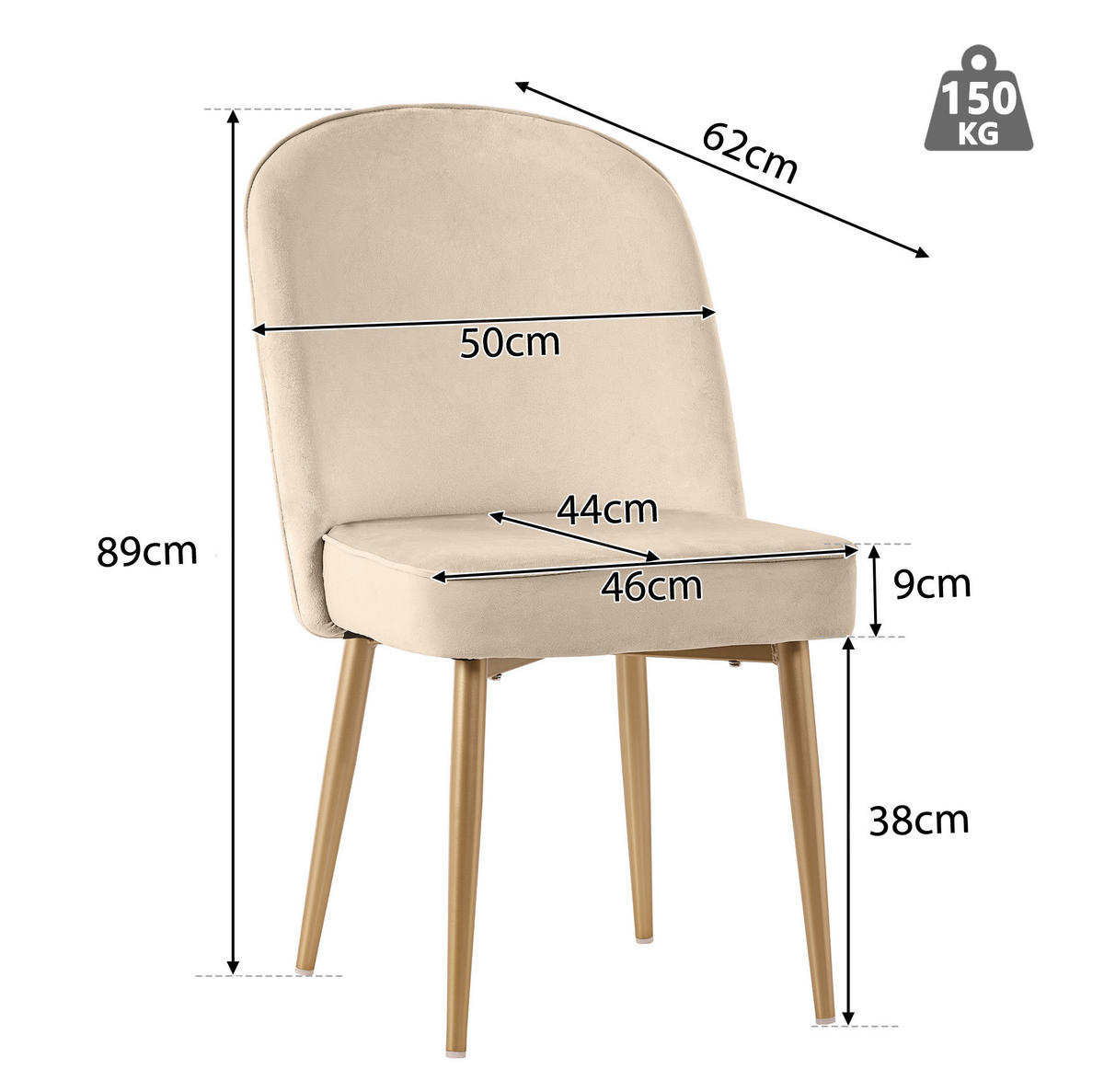 ESSZIMMERSTÜHLE ergonomisch 6er-Set 45,5 x 62 x 87,5 cm Samt Beige - Beige, Metall (62/87.5/45.6cm) - Meubliv