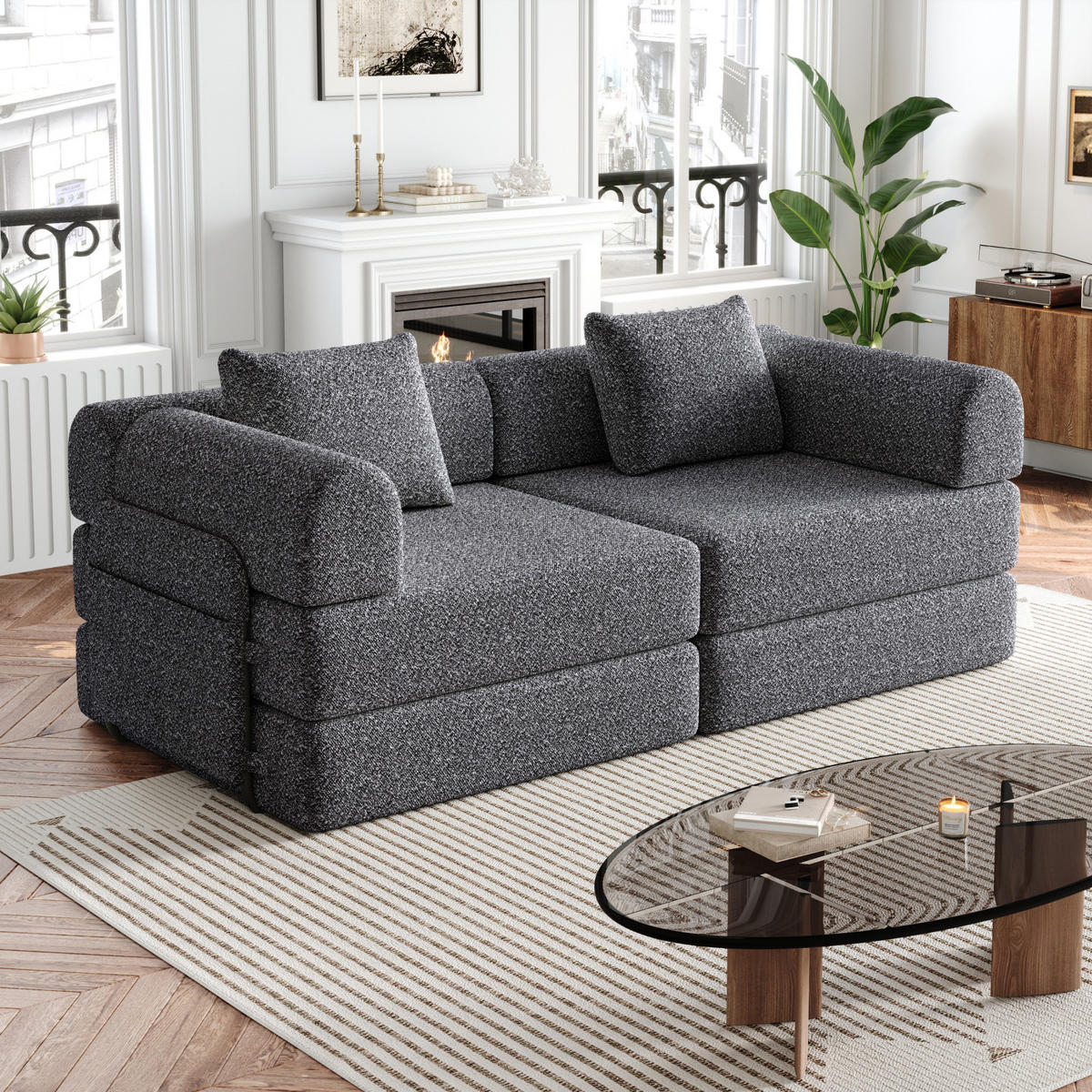 2-SITZER Sofa, 2 in 1 Schlafsofa mit Stauraum und Armlehnen,Chenille,Grau - Grau, Textil (184/69/91cm) - PARAFTA HOME