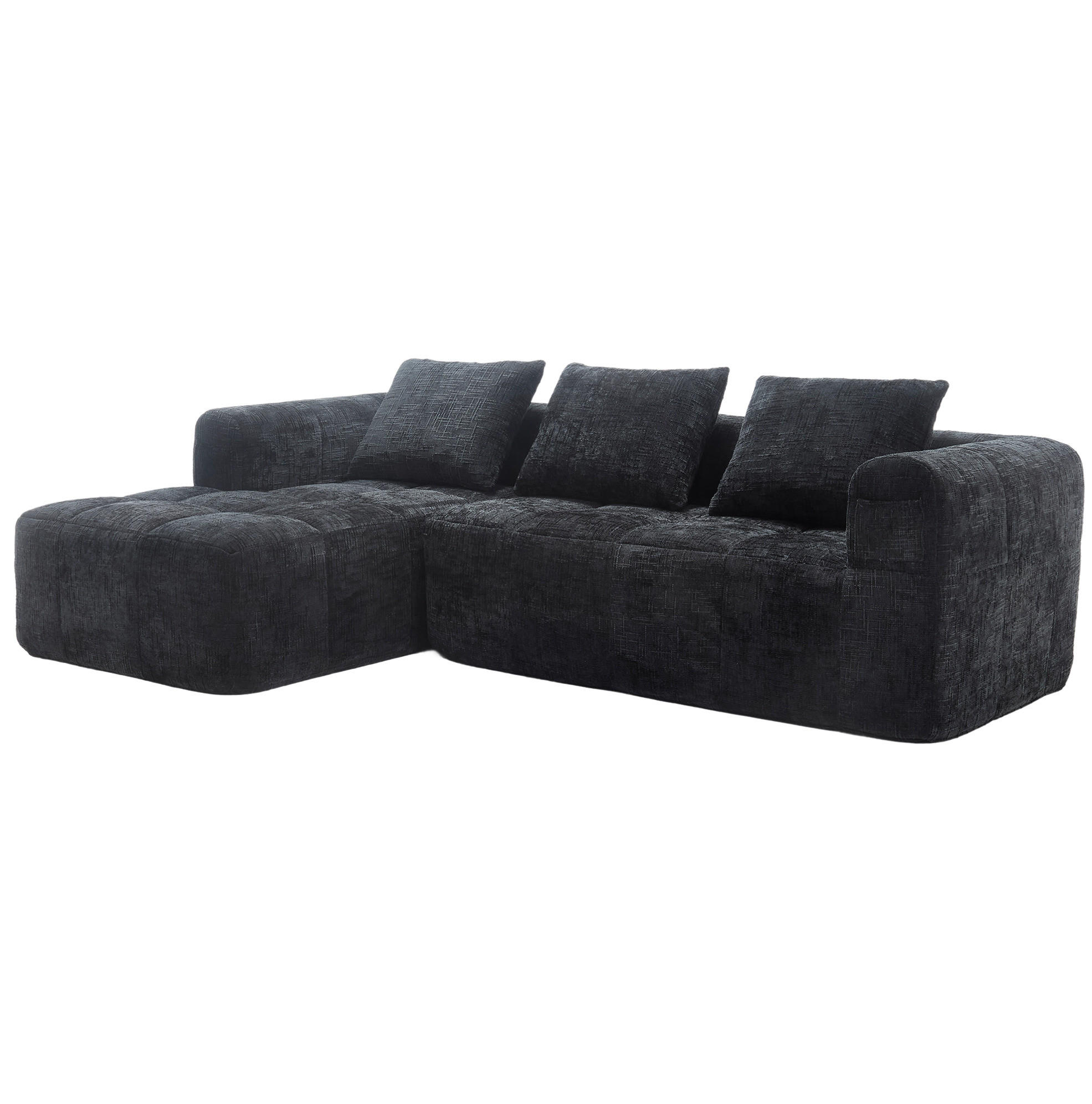 SOFA mit Chaiselongue 250 x 158 cm Chenille Black 3 Kissen - Schwarz, Textil (250/158cm) - IVMEU