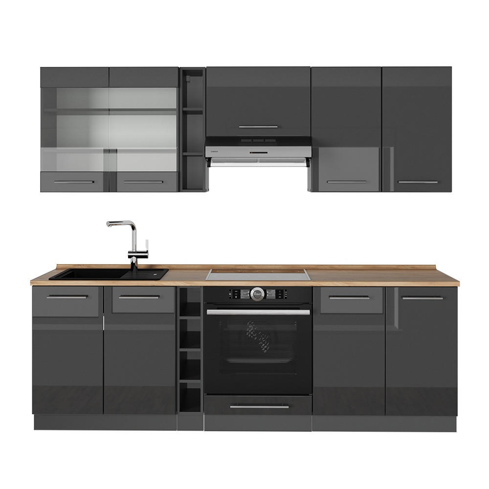 KUHINJA Fame-Line Antracit z visokim sijajem 235 cm , DP Hrast - črna/visok sijaj, leseni material (235/81.6/60cm) - Vicco
