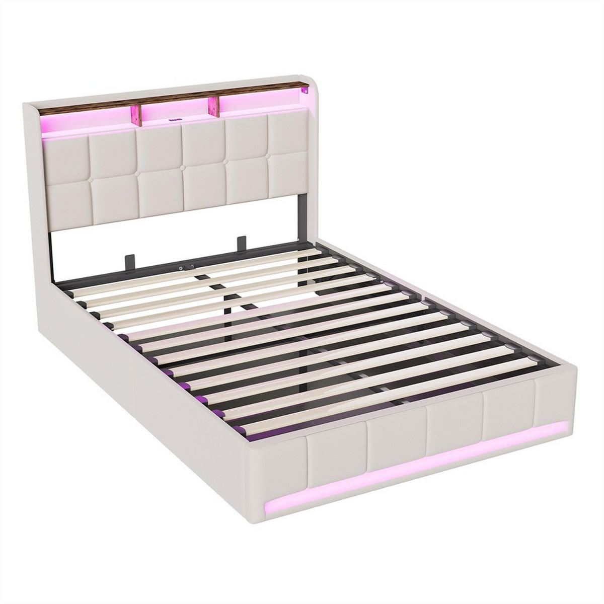 POLSTERBETT 140x200 cm mit LED-Beleuchtung und hydraulischem Stauraum - ohne Matratze - Beige - Beige, Textil (140/200cm) - DELFA