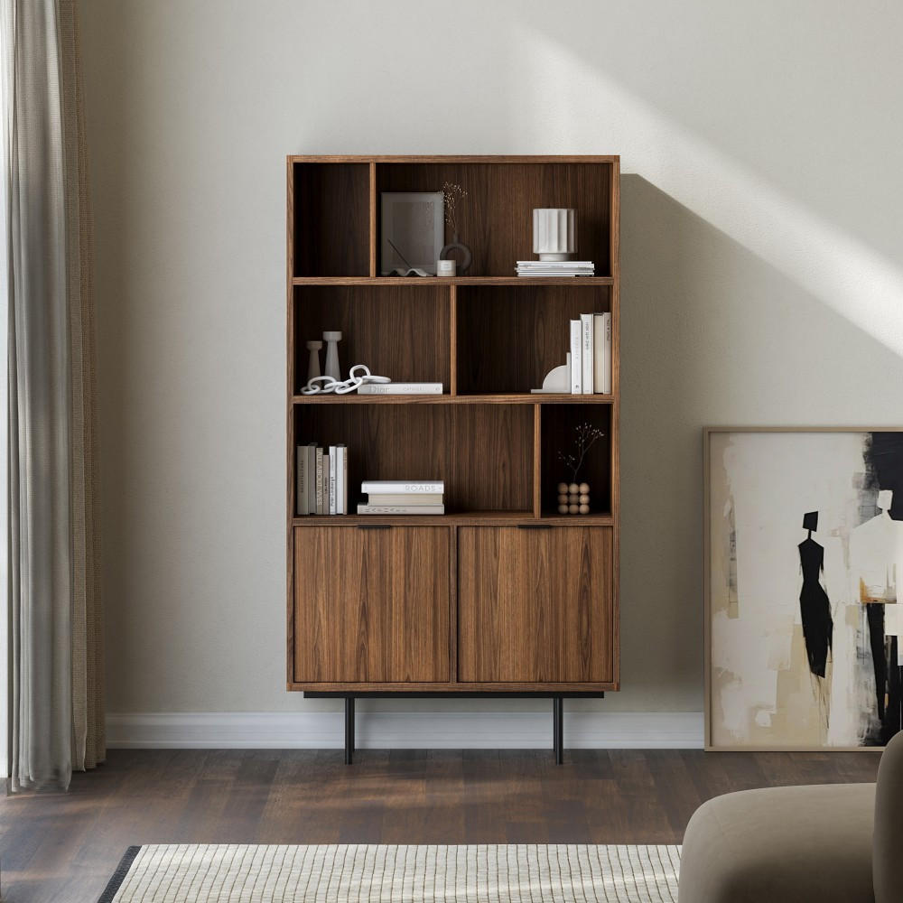 BÜCHERREGAL Evron mit 4 offene Regalböden, Walnuss - Walnussfarben/Schwarz, Holzwerkstoff/Metall (90/185/35cm) - Beautysofa