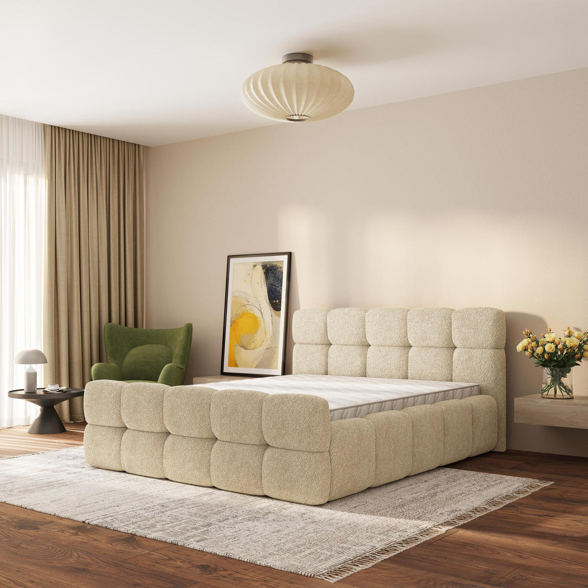 ČALOUNĚNÁ POSTEL ELIZJA 180x200 cm, s úložným prostorem, Krémová - QUELLE 02 - krémová, dřevo/textil (180/200cm) - MASSENO