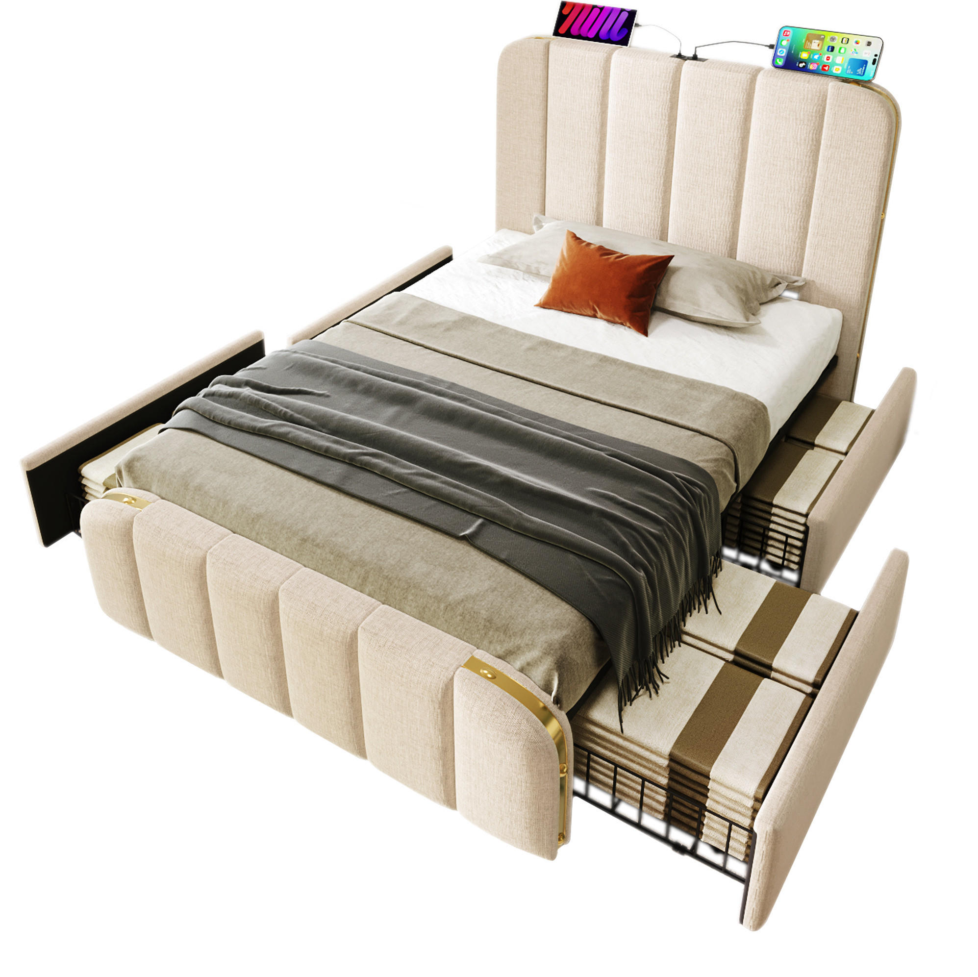 POLSTERBETT 90/200 cm Beige aus Leinen mit 4 Schubladen - Beige, Textil (90/200cm) - OKMYHOME