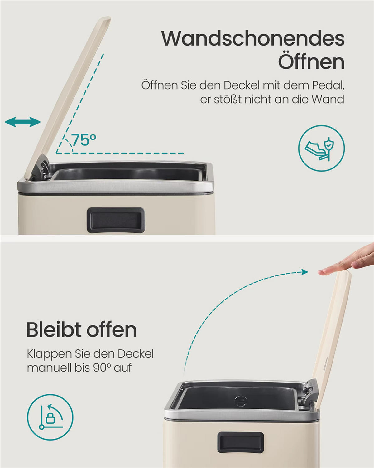 ABFALLSAMMLER 50 L Stahl Softclose Deckel Mülleimer - Beige, Metall (41.6/64.7/37.2cm) - Kaket