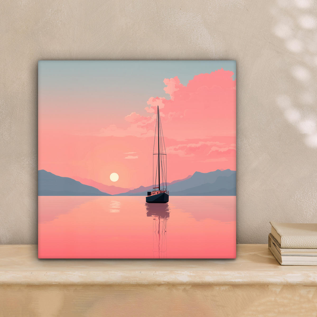 LEINWANDBILD Segelboot - Rosa Meer - Sonnenuntergang - Berge Deko Wohnzimmer 20x20 cm - Rosa, Textil (20/20cm) - MuchoWow