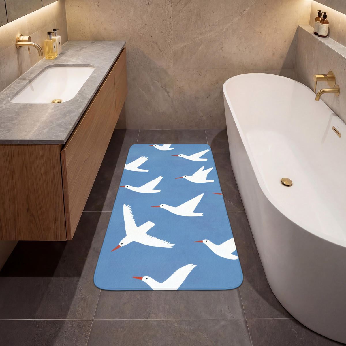 BADEMATTE Vögel - Weiß - Muster 60x120 cm - Blau, Kunststoff/Textil (60/120cm)