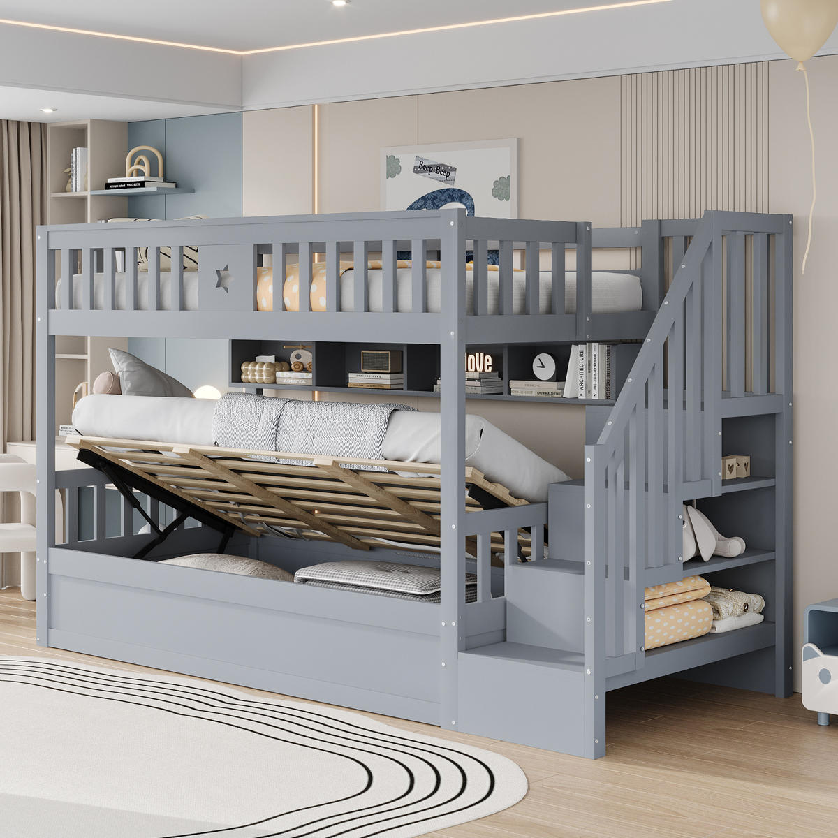 ETAGENBETT Hochbett Grau 90x200cm - Grau, Holz (90/200cm) - ComfortXL