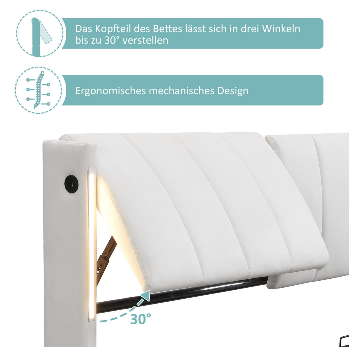 POLSTERBETT 180/200 cm mit LED-Beleuchtung, USB-Anschluss, Bettkasten und verstellbarem Kopfteil, Weiß - Weiß, Kunststoff (180/200cm) - Redom