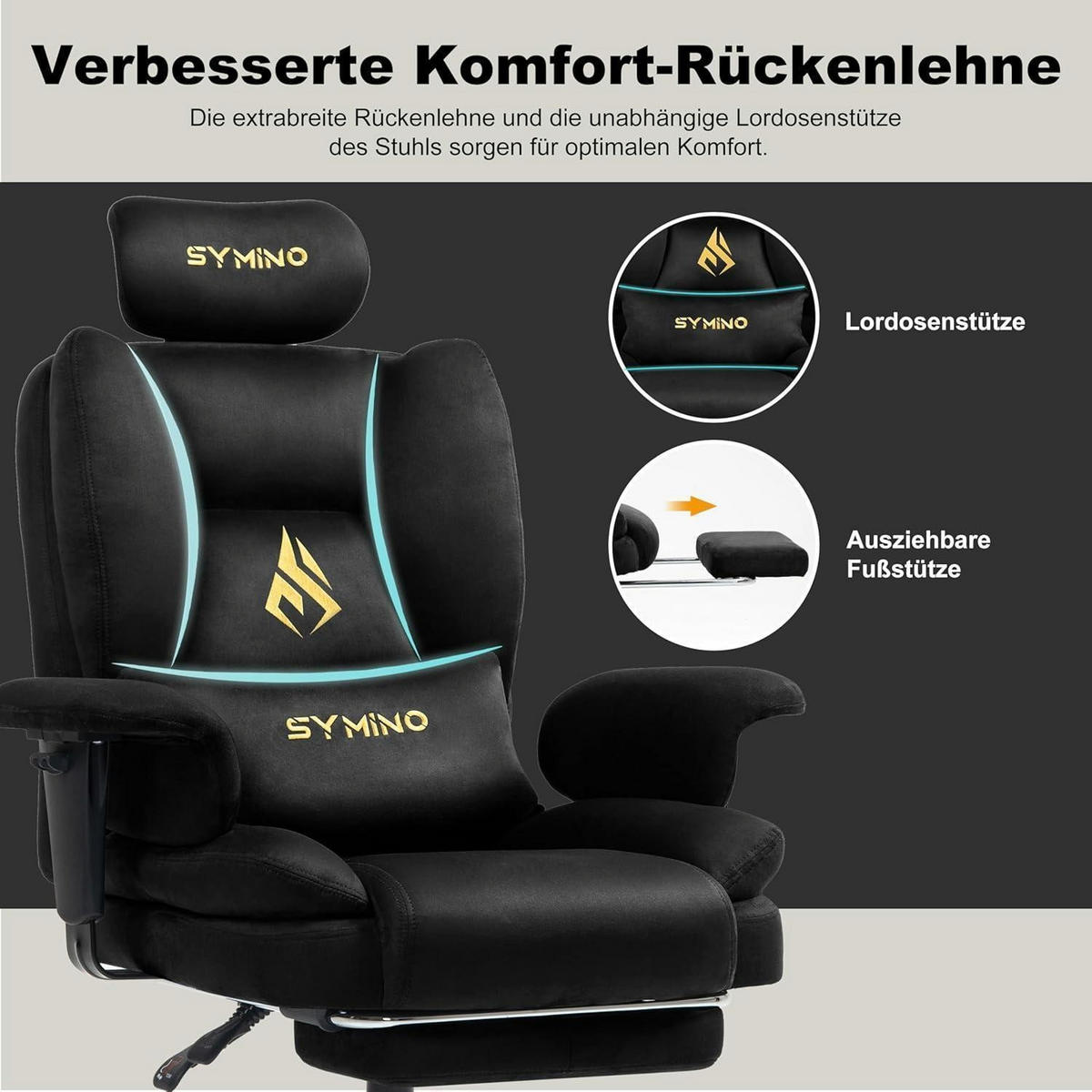 GAMING Stuhl mit Fußstütze Wildlederimitat Schwarz - Schwarz, Kunststoff (57/124/54cm)