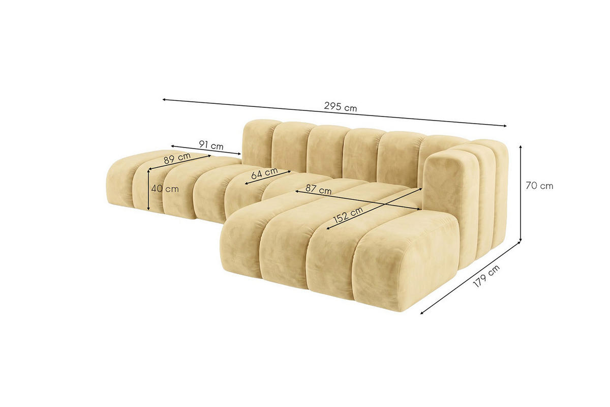 ECKSOFA Modulares In L-Form Mit Hocker, Velvet-Stoff Riviera, Buttergelb, Rechts, GRAND Mini - Hellgelb, Holz (295/179cm) - Kaiser Möbel