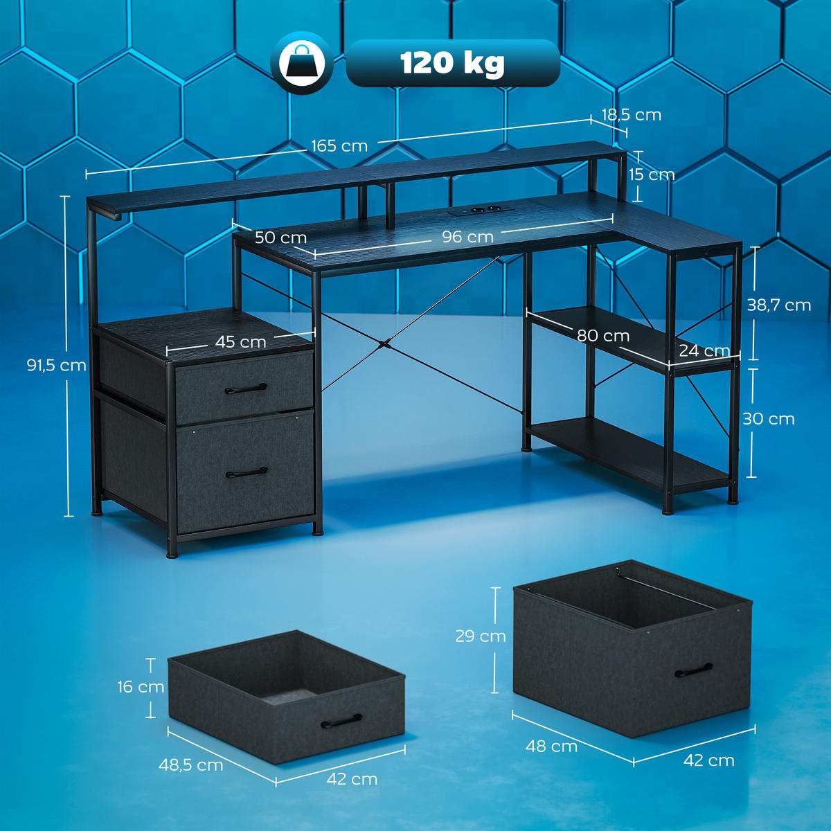 GAMING Tisch L-förmiger 165 x 80 cm Schreibtisch mit LED & Steckdosen 2 Schublad - Schwarz, Holzwerkstoff/Textil (165/80/91.5cm) - HOMCOM