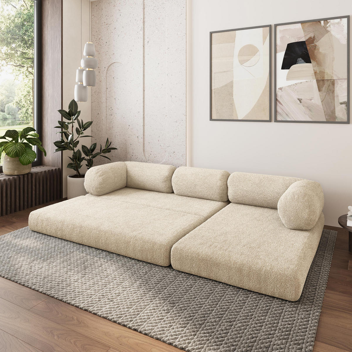 ROHOVÁ SEDAČKA KELI modulární Boneless pohovka s funkcí spaní, krémová QUELLE 02 - krémová, textil (270/160cm) - MASSENO