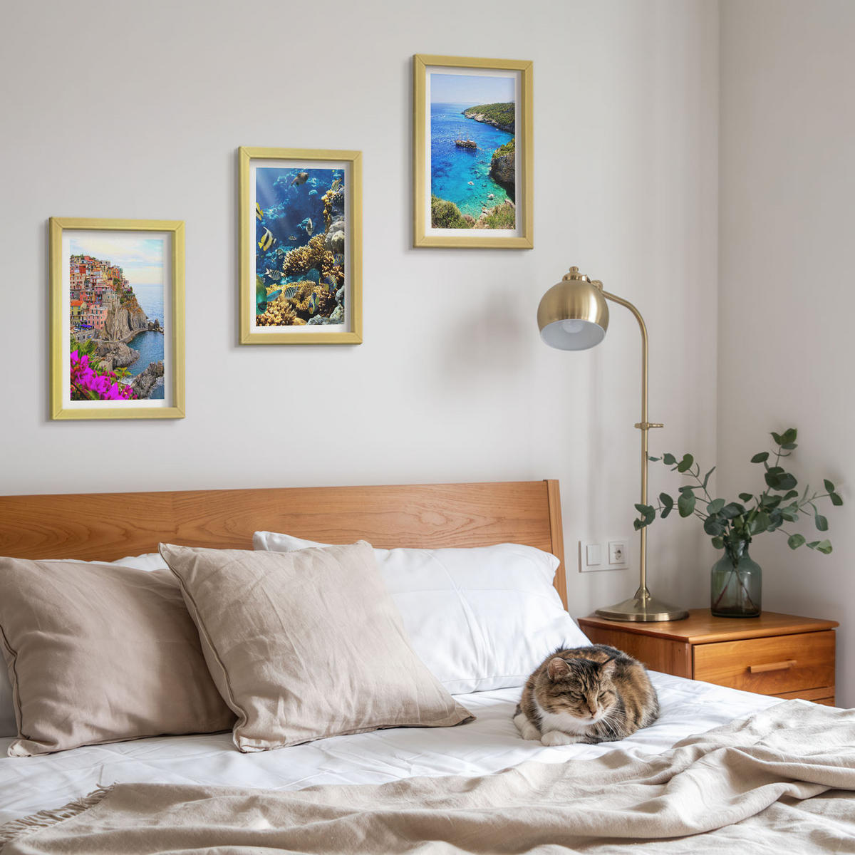 WANDBILDER 3er Set - 20x30 cm Goldrahmen - Meerblick, farbenfrohe Häuser - Goldfarben, Kunststoff (20/30cm) - ArtPrintCave