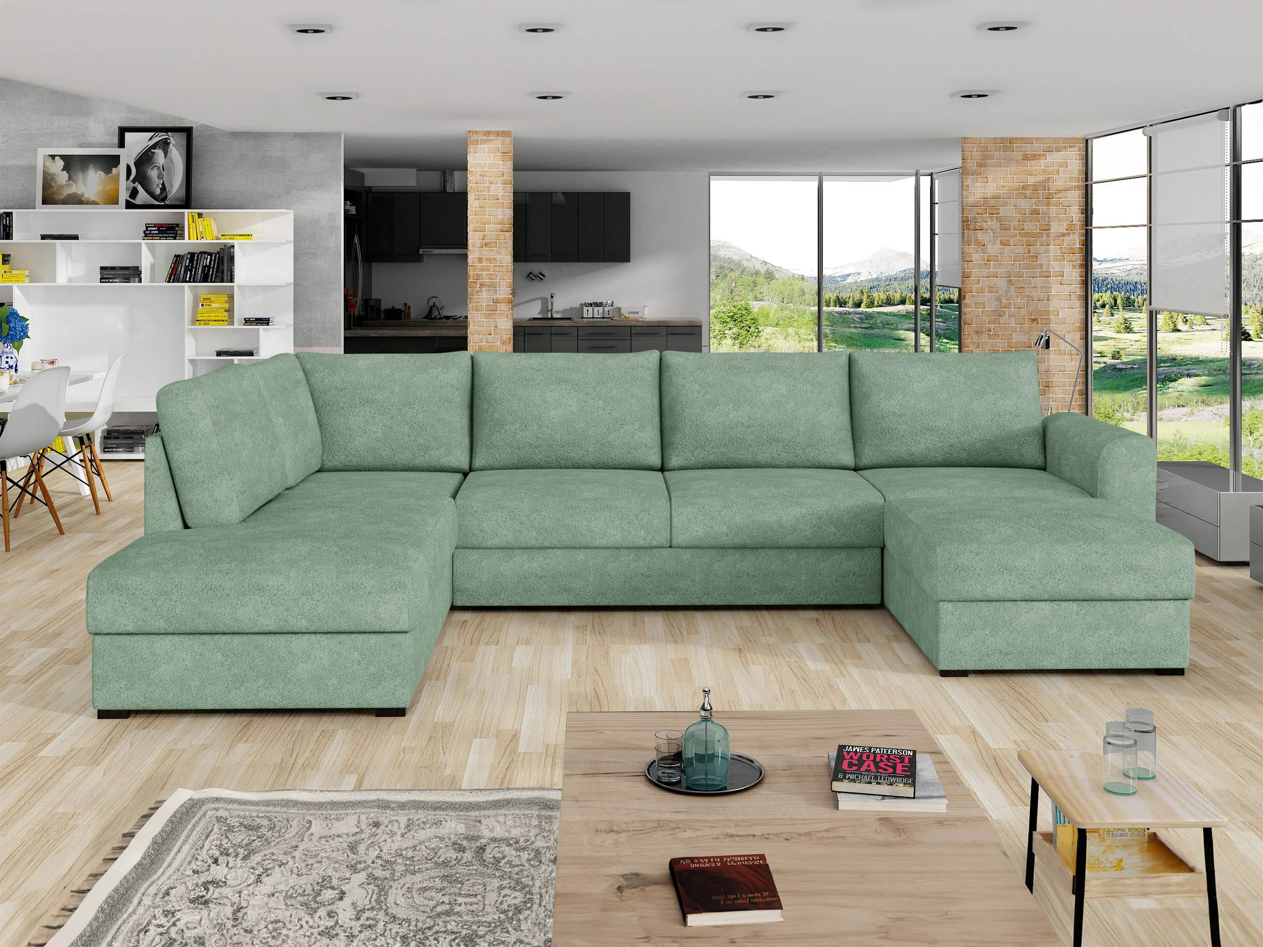 WOHNLANDSCHAFT Wilma, Seite: Links - Schwarz/Hellgrün, Holz/Textil (305/85/188cm) - MIRJAN24