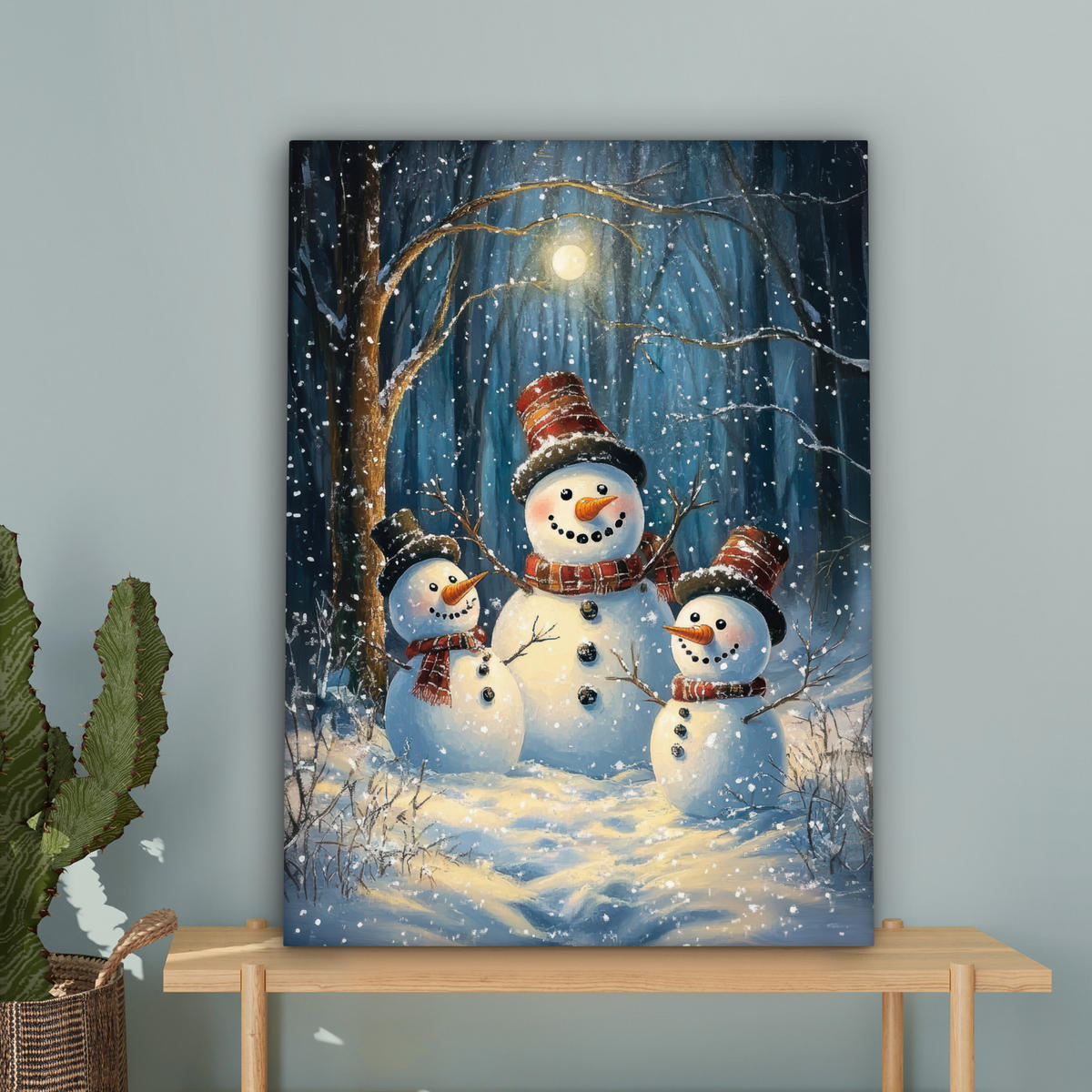 LEINWANDBILD Schneemann - Schnee - Winter - Wald Wandbild Wohnzimmer 60x80 cm - Hellblau, Textil (60/80cm) - MuchoWow
