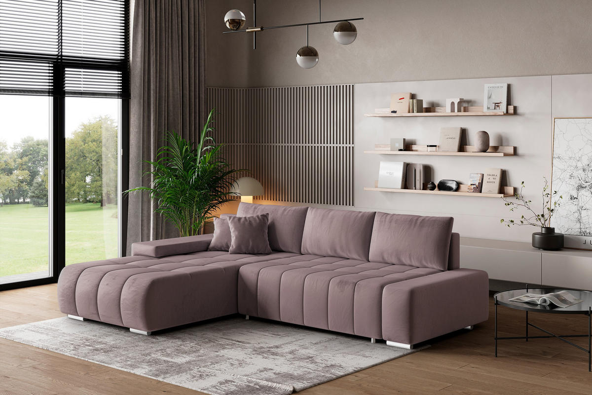 ECKSOFA ALESE L-S Lila Velours-Stoff mit Schlaffunktion - Lila, Holz (265/185cm) - MASSENO