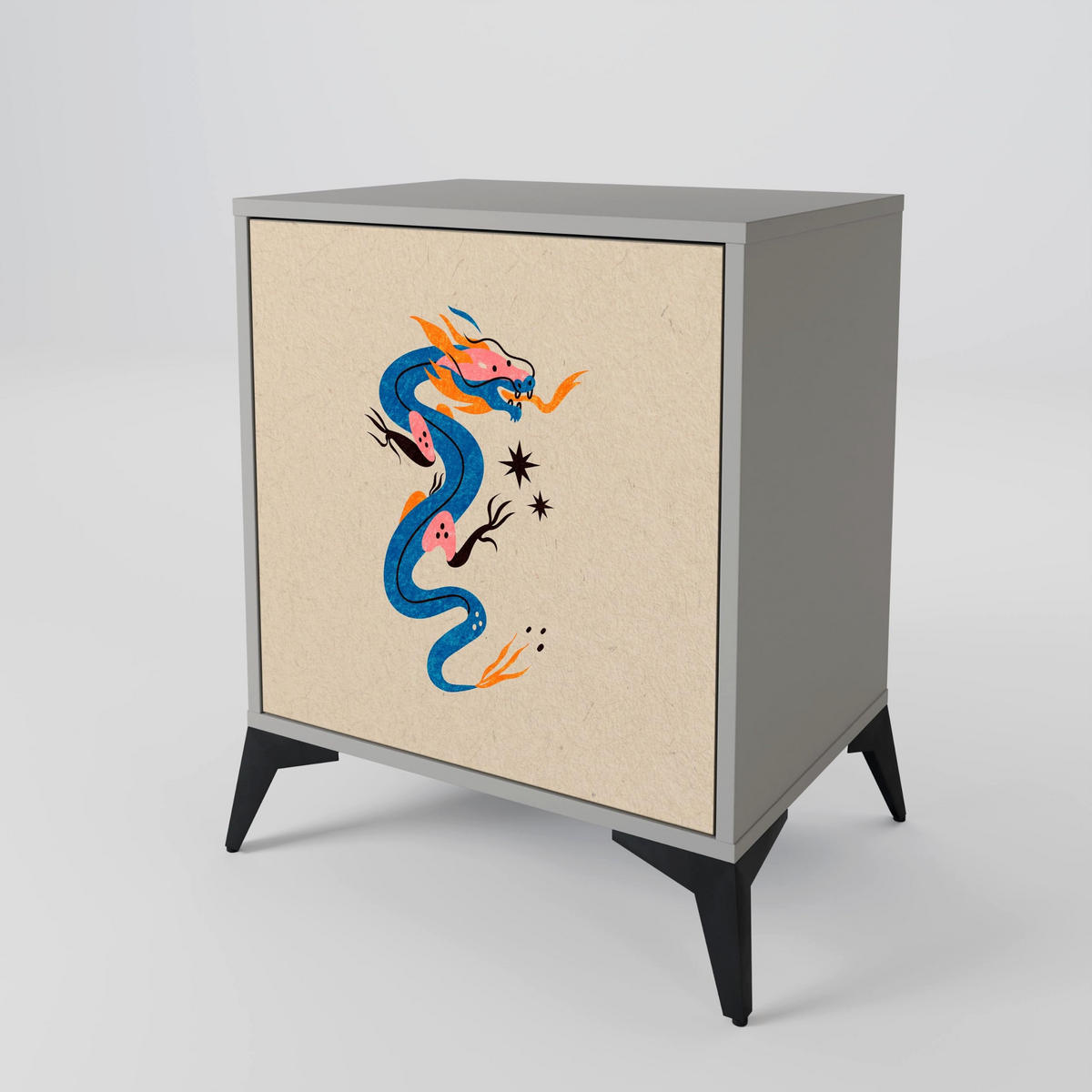 SIDEBOARD MYTHOLOGICAL CREATURES, Grau, 57,5x42x67,5 cm, Schwarze Metall-Rahmenfüße - Multicolor/Schwarz, Holzwerkstoff/Metall (57.5/67.5/42cm) - SpaceRebels