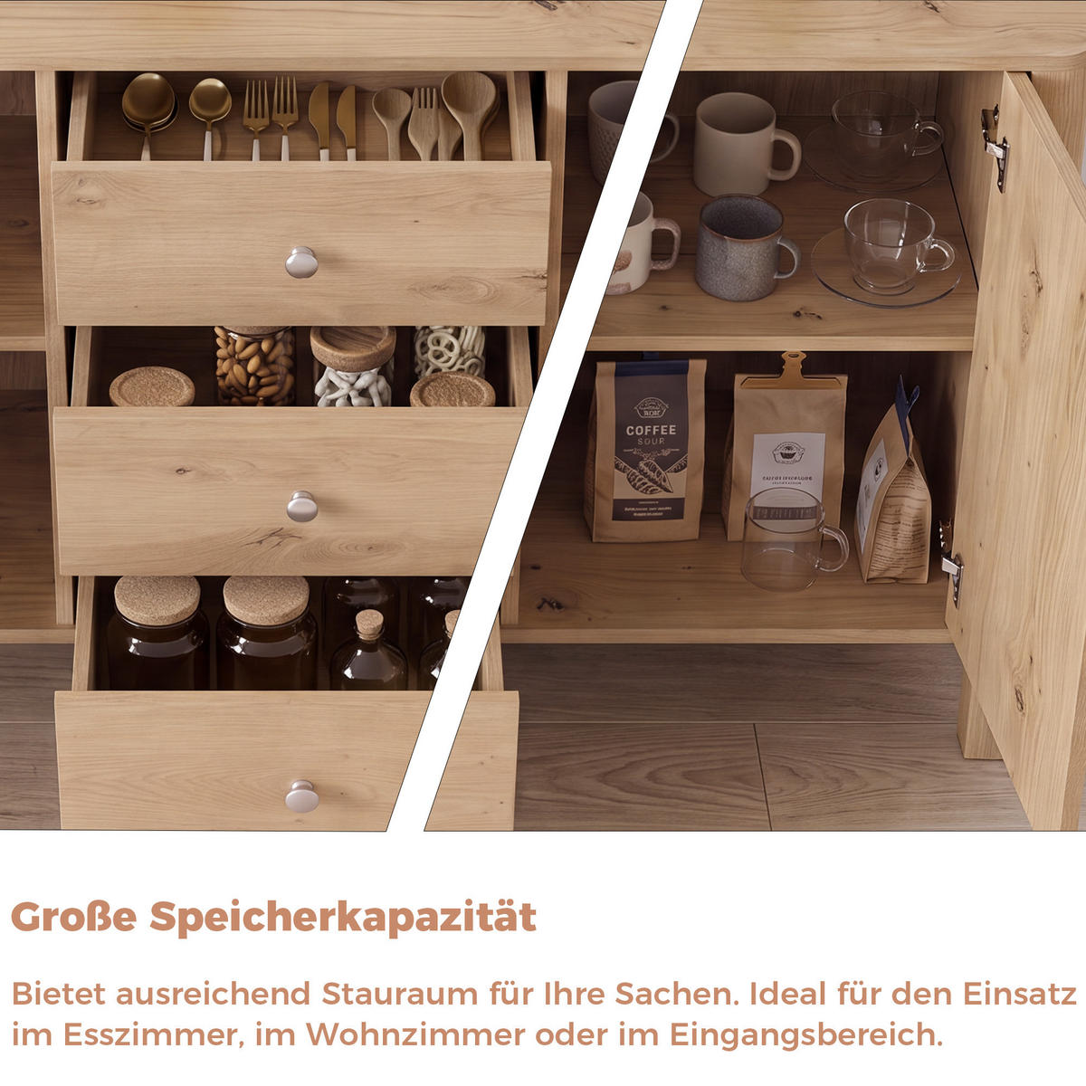SIDEBOARD DE-38869 120/40/80 cm 3 Schubladen und 2 Türen Eiche - Eichefarben, Holzwerkstoff (120/80/40cm) - ComfortXL