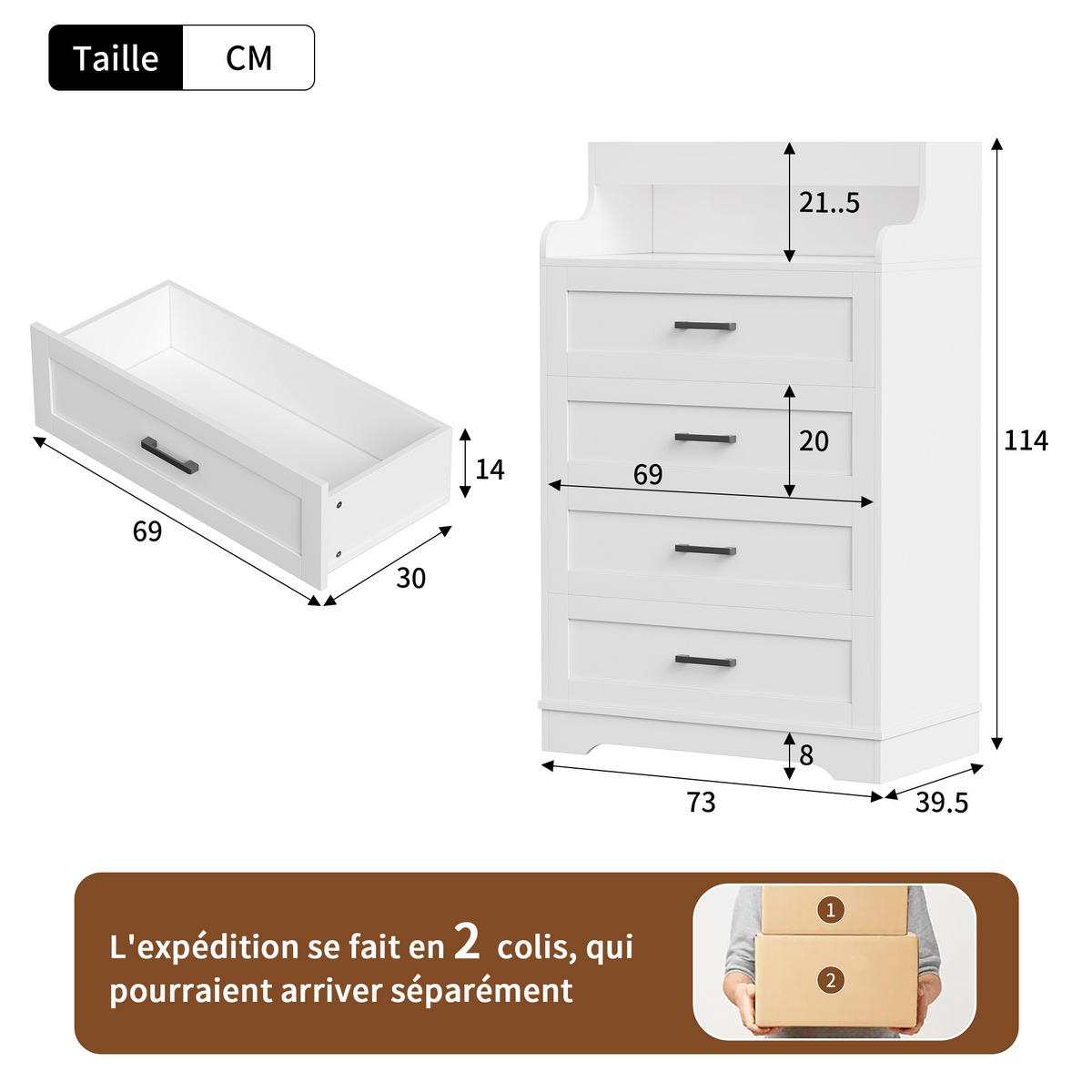 KOMMODE 4 Schubladen mit LED-Beleuchtung, skandinavisch, weiß - Weiß, Holz (73/114/39cm)