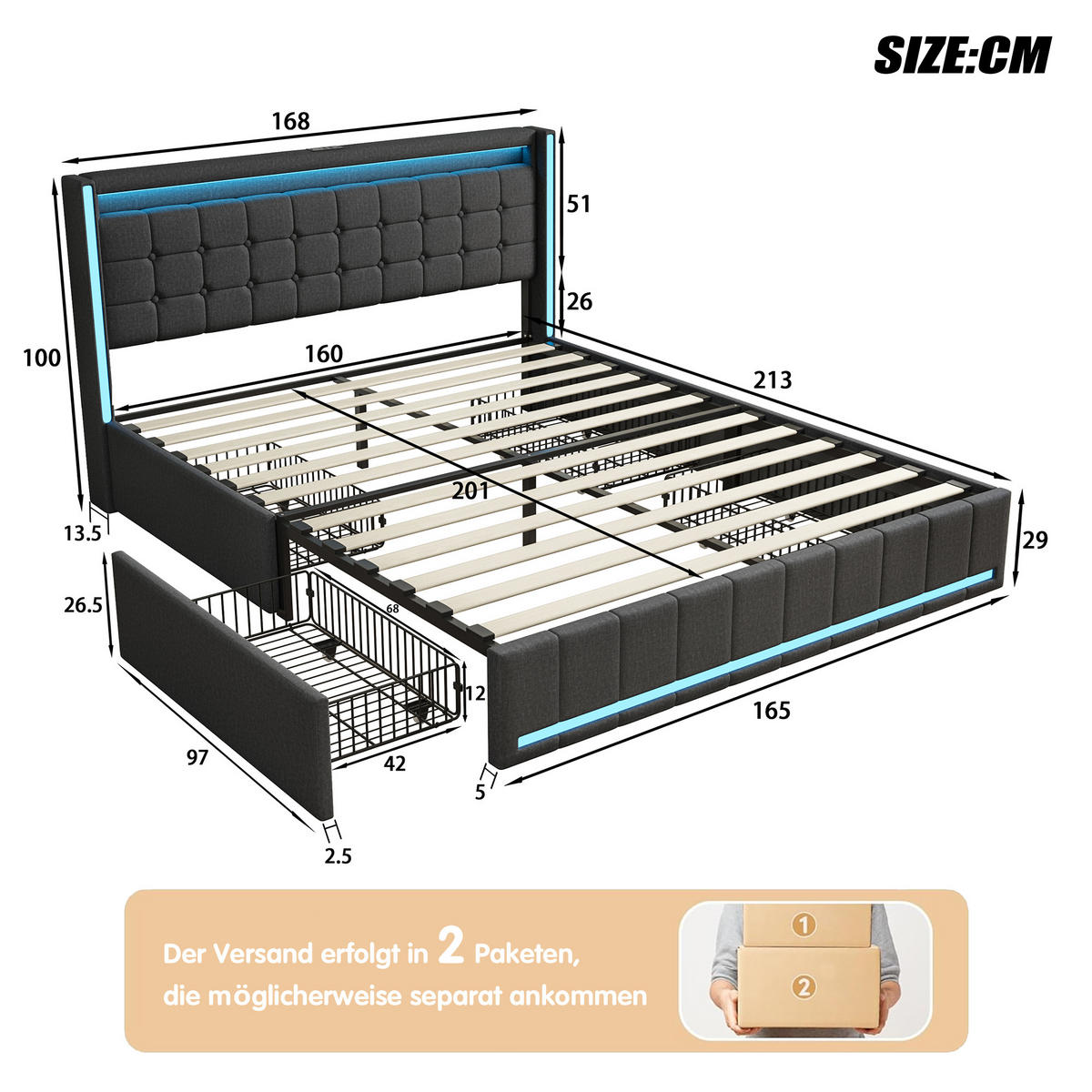 DOPPELBETT 160x200 cm mit 4 Schubladen, LED und Ladefunktion – Polsterbett in Grau - Grau, Holz/Metall (160/200cm) - PARAFTA HOME