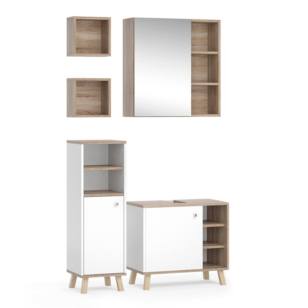 BADMÖBEL-SET Senyo Weiß 4 Teile, mit Midischrank - Weiß/Sonoma Eiche, Holzwerkstoff (62/54/32cm) - Vicco