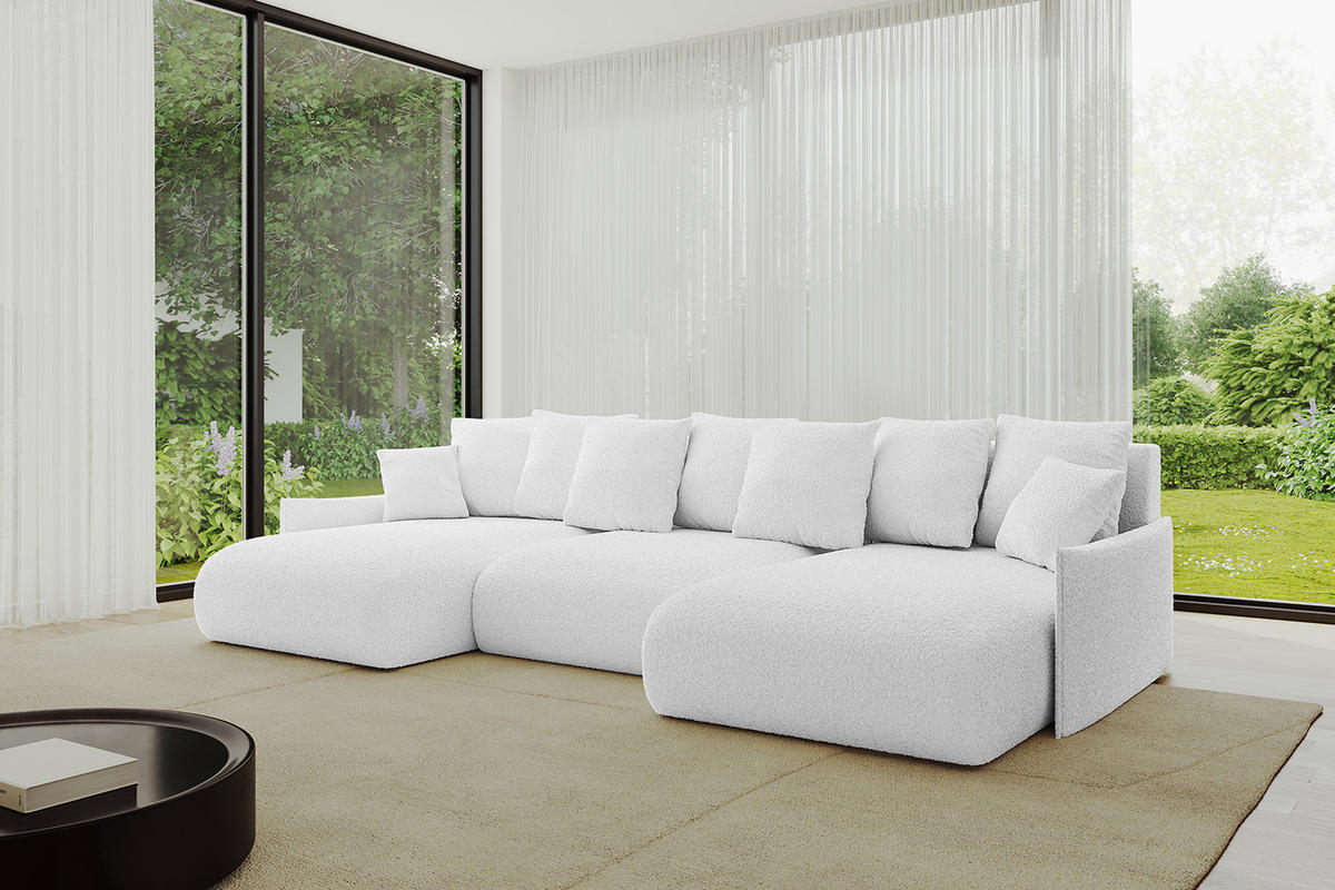 WOHNLANDSCHAFT mit Schlaffunktion und Bettkasten ONESK-U-v1 304x165x40 Weiß Bouclé - Weiß, Holzwerkstoff/Kunststoff (304/90/165cm) - ALTDECOR