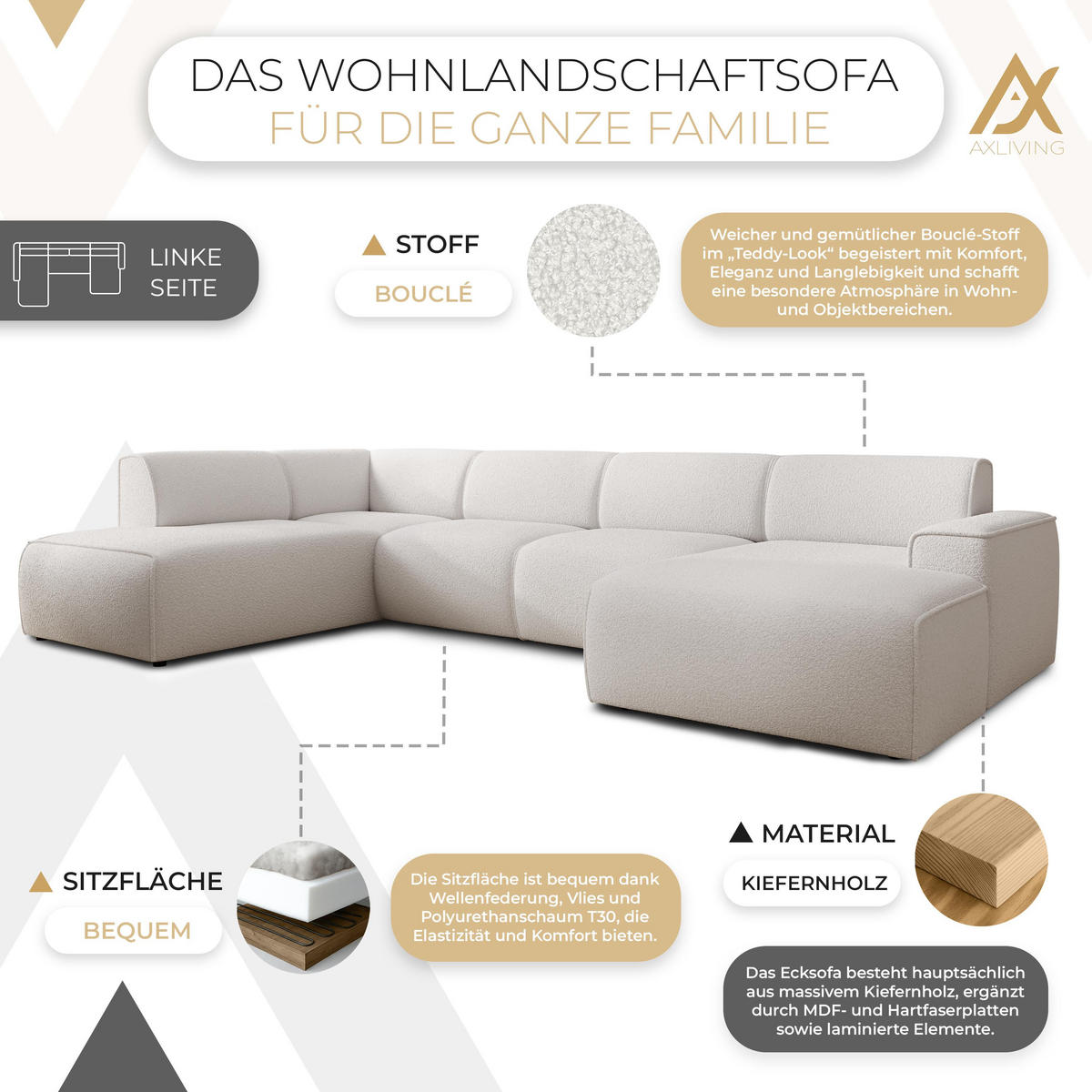 WOHNLANDSCHAFT Didim Weiß 378/220/78 cm – großes Sofa stilvoll & bequem L - Schwarz/Weiß, Kunststoff/Textil (220/78/378cm) - AX Living
