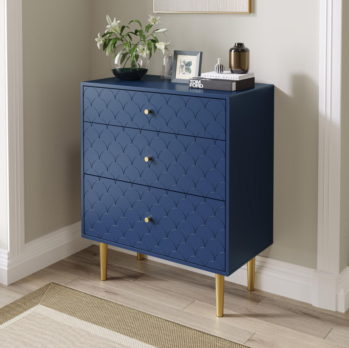 KOMMODE aus Holz und Metall 75x40x89 cm Marineblau mit 3 Schubladen und Fischschuppenmuster - Dunkelblau, Holzwerkstoff (75/89/40cm) - Modfu
