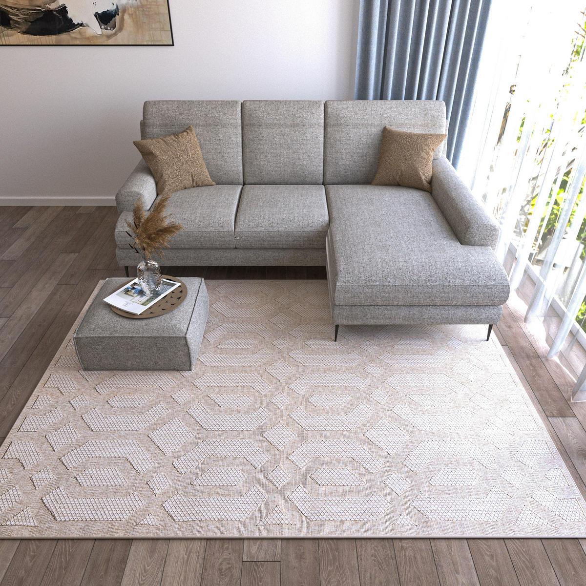 TEPPICH Beige In-Outdoor Geometrisch - Kurzflor Rechteckig - 80 x 200 cm - Sandfarben/Beige, Textil (80/200cm) - Mazovia