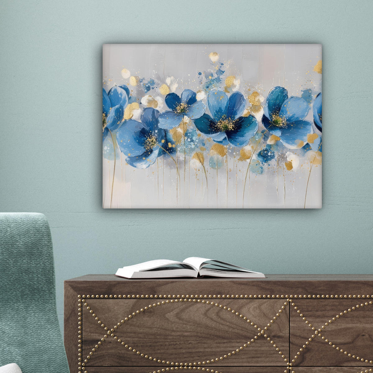 LEINWANDBILD Blumen - Blau - Abstrakt Wandbild 40x30 cm - Hellgrau, Textil (40/30cm) - MuchoWow