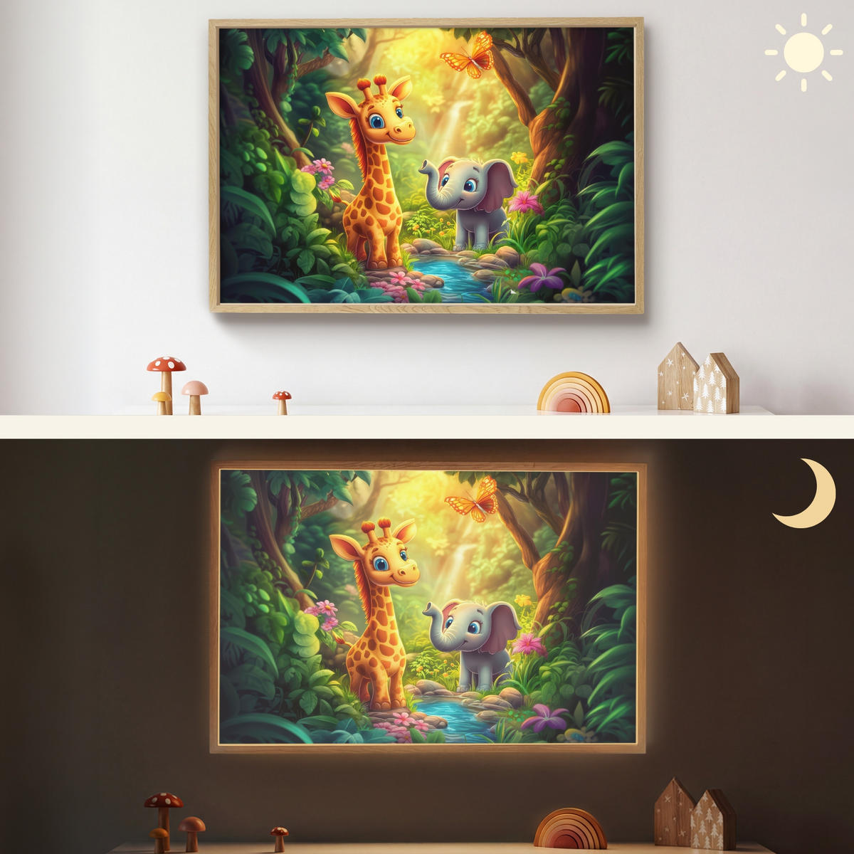 WANDLEUCHTE MIT AKKU Giraffe - Elefant - Blumen - Dschungel 90x60 cm - Grün, Holzwerkstoff (90/60/8cm) - OnlyWow