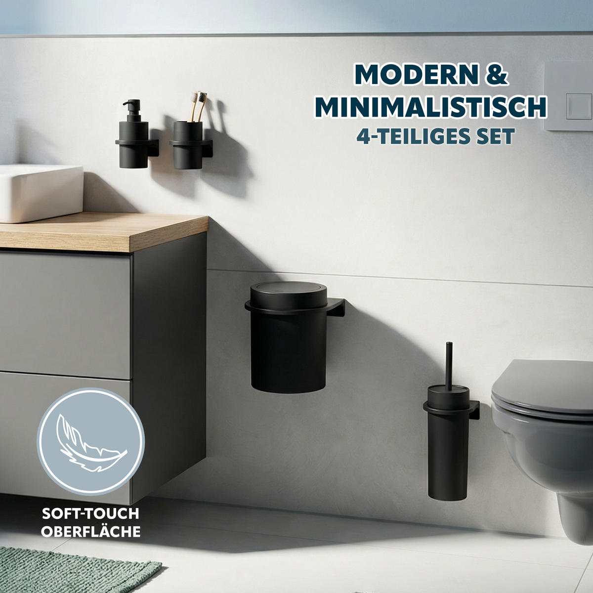 BAD-ACCESSOIRES-SET (4er-Set) SAVONA, Soft-Touch, schwarz - Schwarz, Kunststoff (19/24.5/19cm) - bremermann