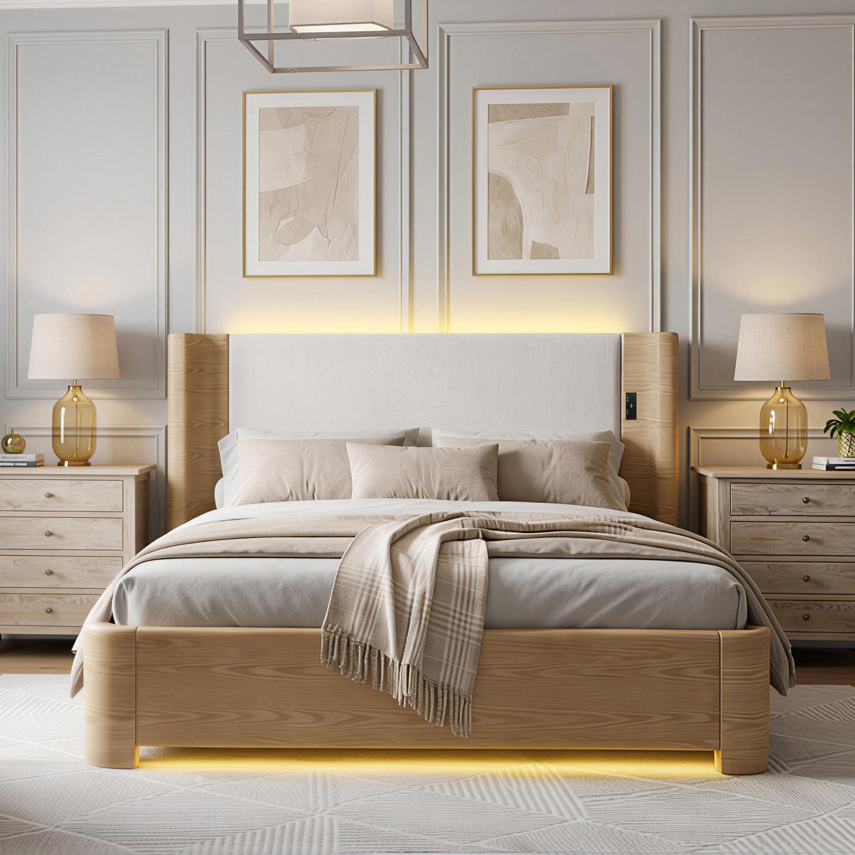 POSTEL KING Béžová s hydraulickým úložným prostorem a LED osvětlením - béžová, textil (190/200cm) - Urban Meuble