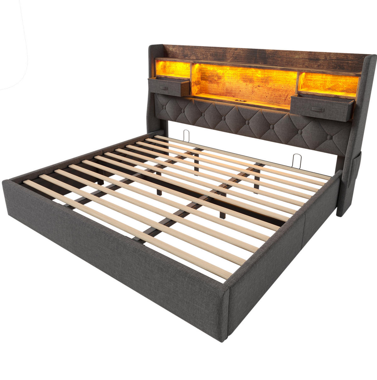 POLSTERBETT mit LED-Beleuchtung 180/200 cm mit Bettkasten & Ladestation - Grau, Textil (180/200cm) - BEAOK
