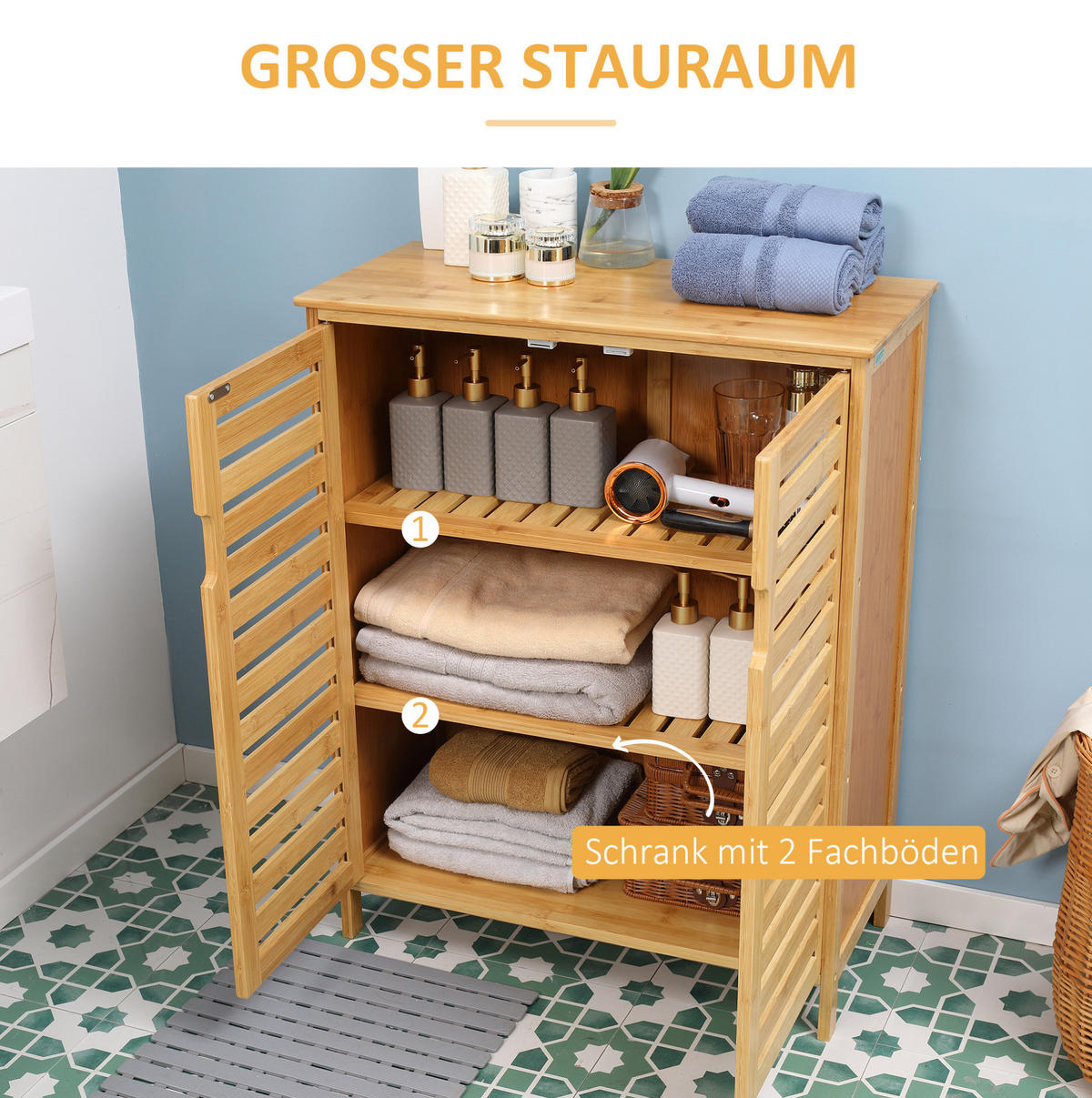 MIDISCHRANK 68/32/86 cm aus Bambus mit 2 Lamellentüren Naturfarben - Naturfarben, Holzwerkstoff (68/86/32cm) - Modenvie