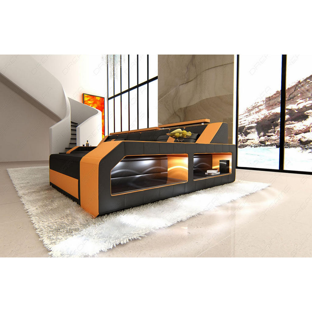 Thumbnail - Sofa Dreams Ecksofa, Schwarz, Orange, Leder, L-Form, Ottomane rechts,L-Form, 308x194 cm, Wohnzimmer, Sofas & Couches, Wo...