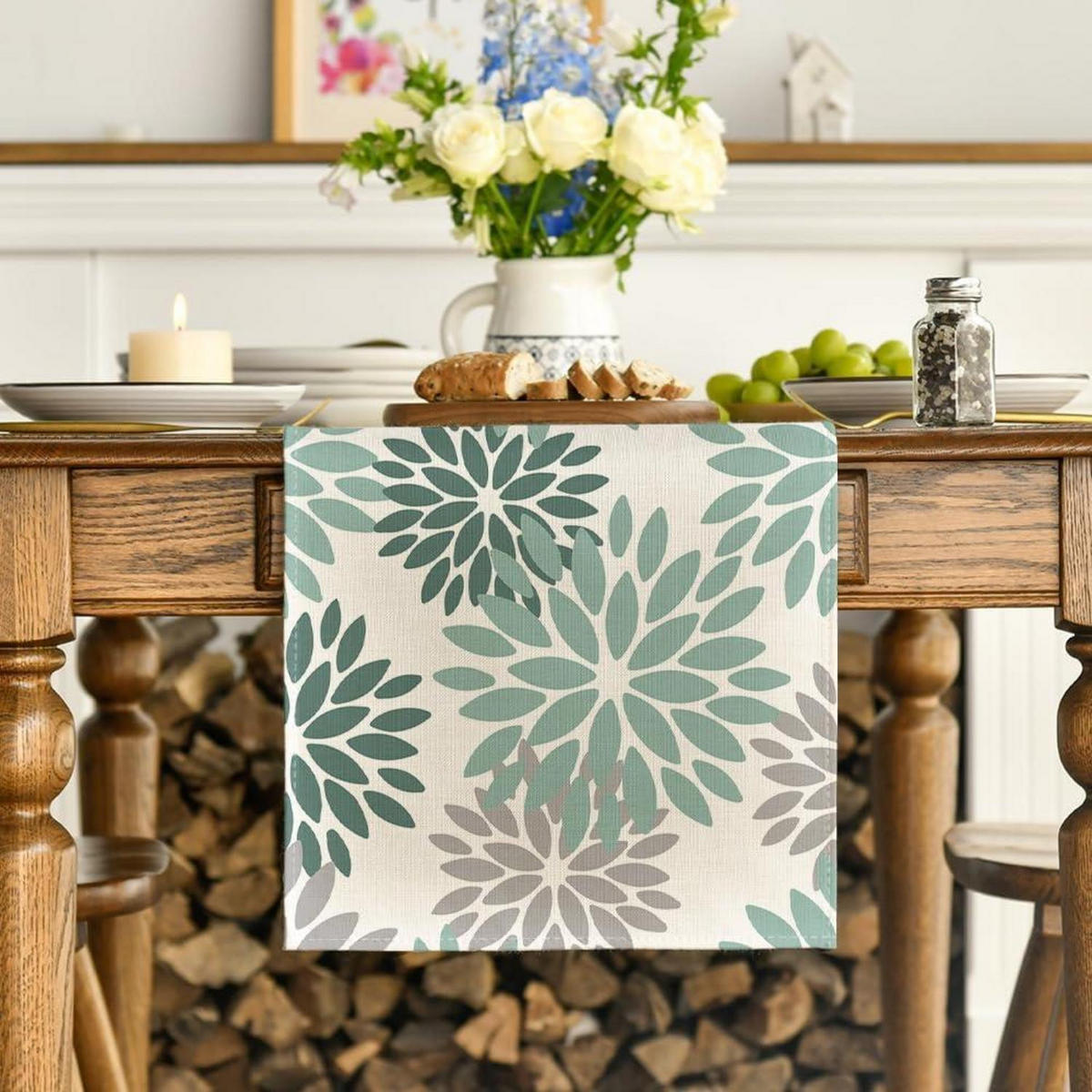 TISCHLÄUFER Blumenmuster Wasser Grün 40 x 180 cm - Multicolor, Textil (180/40/1.5cm)