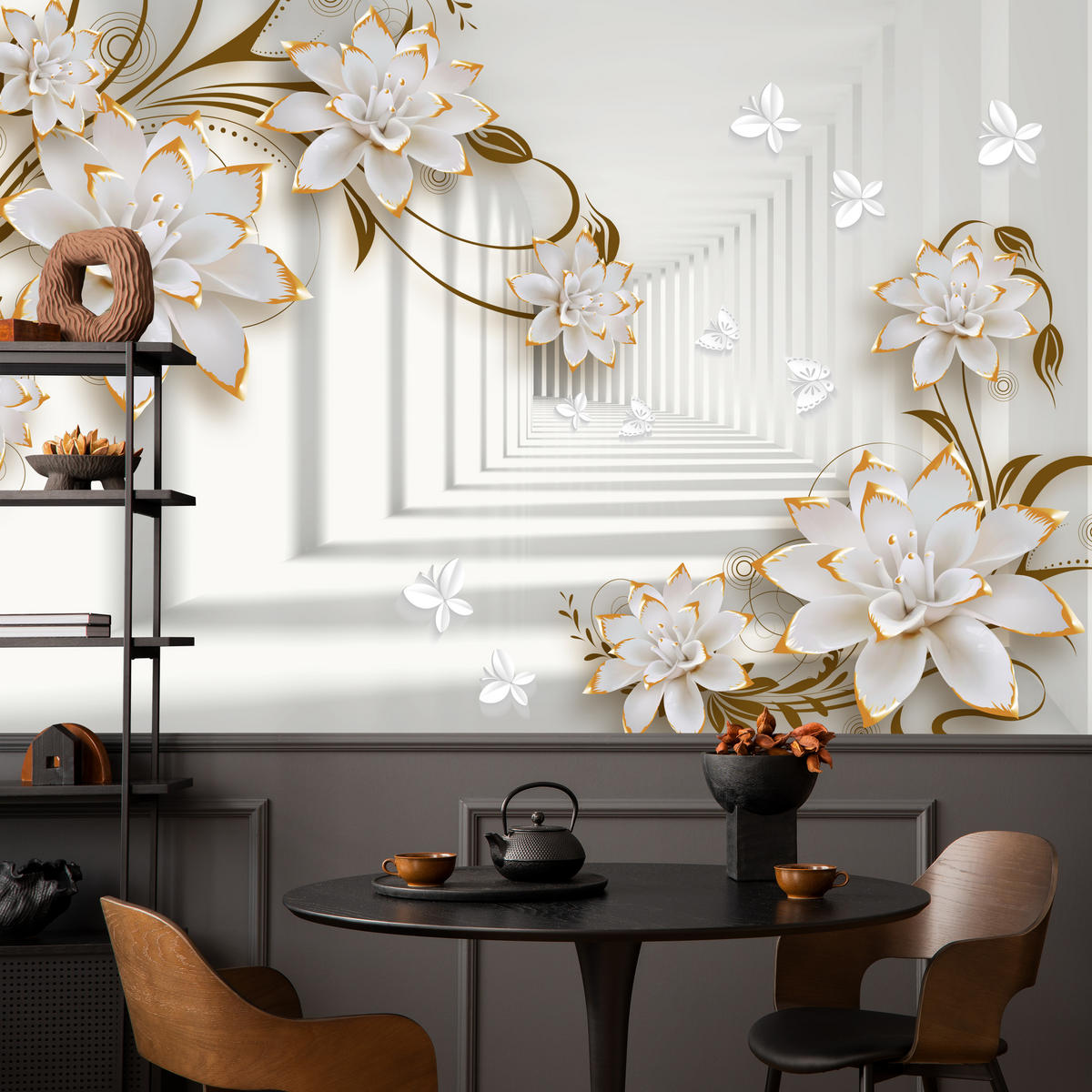 FOTOTAPETE für Wohnzimmer Abstrakter Blumen Tunnel Schmetterlinge 500x350 - Beige/Orange, Papier (500/350cm) - Muralo