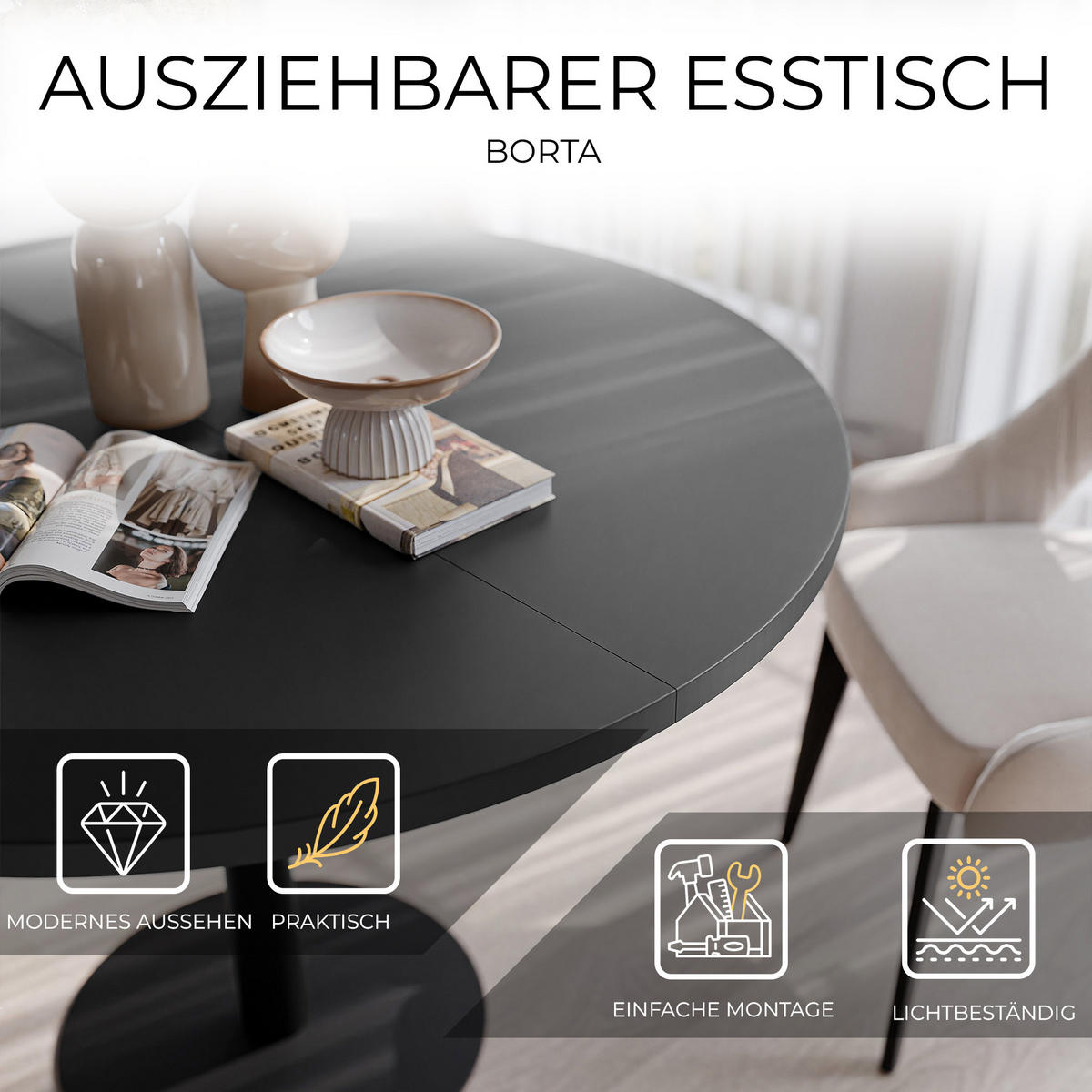 TISCH einbeinig schwarzes Bein, MDF Tischplatte, Molet Schwarz - Schwarz, Holzwerkstoff (100/100/76cm) - Idohome
