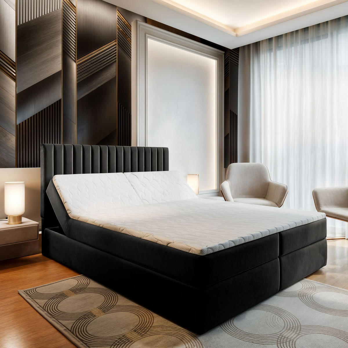 BOXBETT MURLO 160x200 cm mit Matratze und Topper - Schwarz - Schwarz, Holz (160/200cm) - MASSENO