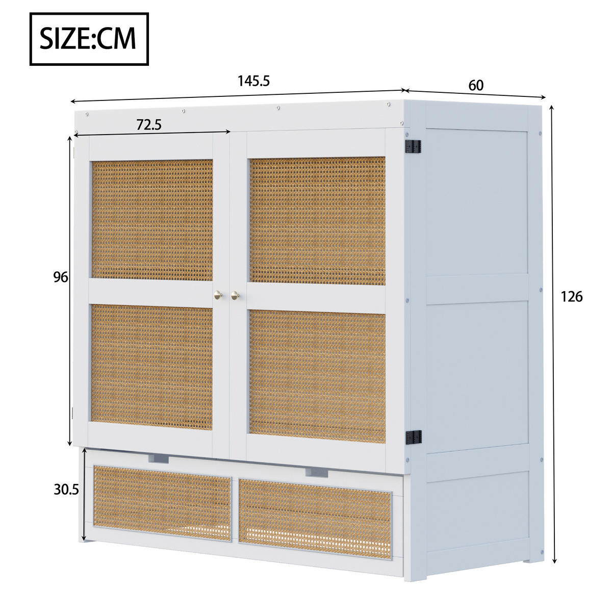 WANDKLAPPBETT aus Holz 140x200 cm Weiß mit Schubladen und Rattan-Design - Weiß, Holzwerkstoff (140/200cm) - IVMEU