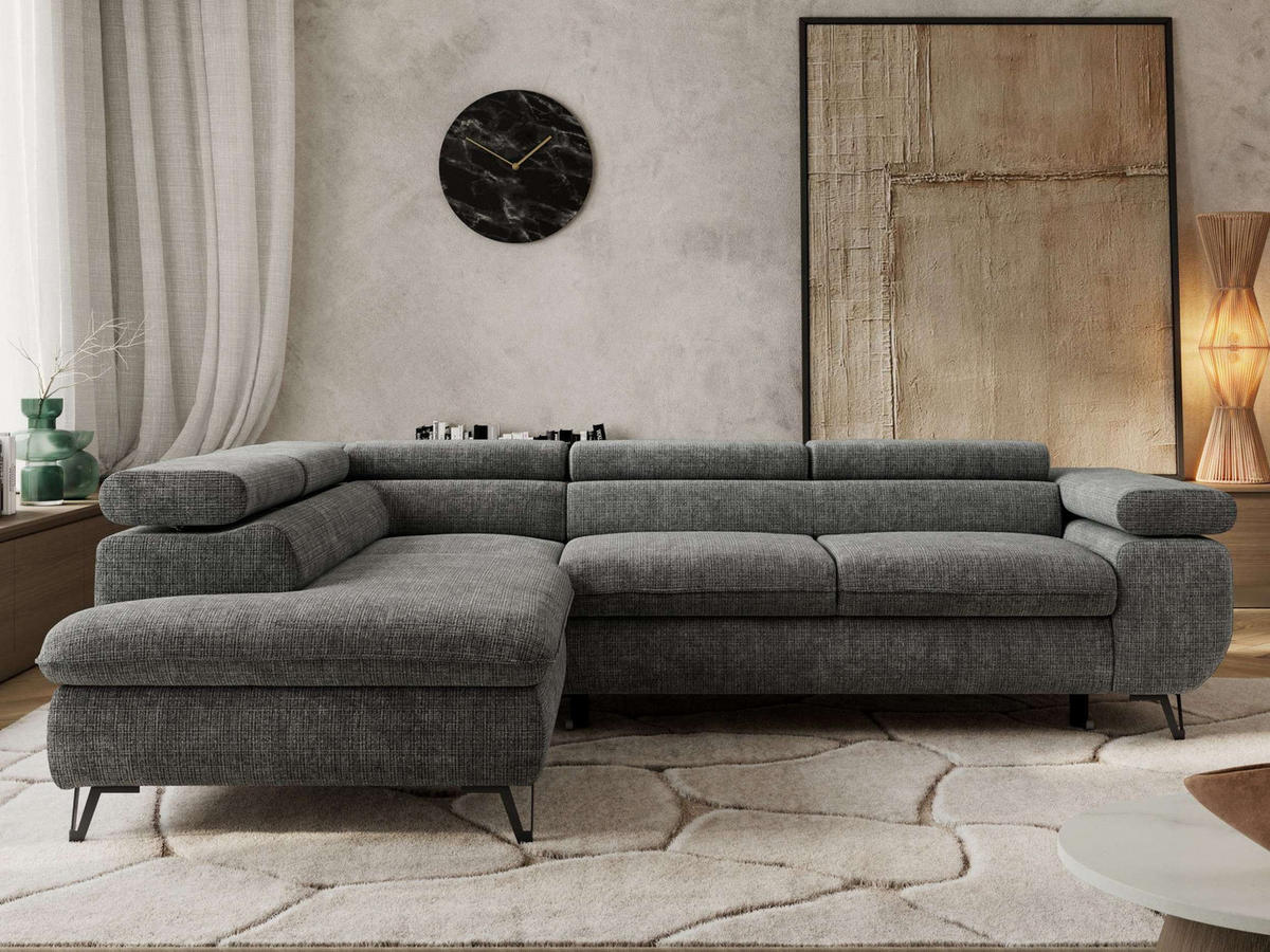 ECKSOFA PABLO L Grau Schenille grob gewebt - Links Seite - Schwarz/Grau, Textil/Metall (208/273cm) - MKS