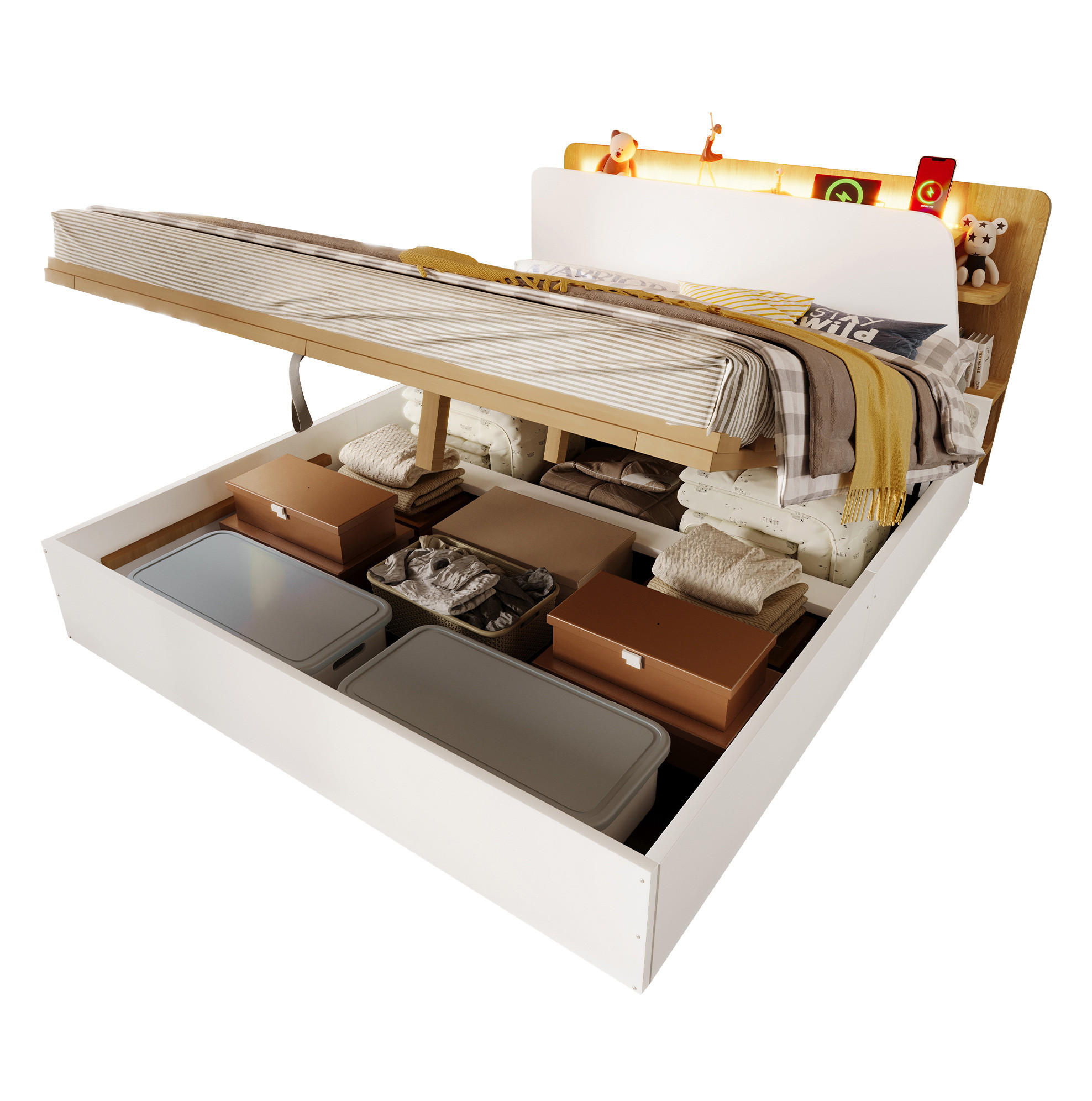 Modfu DĚTSKÁ postel z borovice, MDF a překližky 140x200 cm bílá+ přírodní s hydraulickým úložným prostorem, USB a LED osvětlením